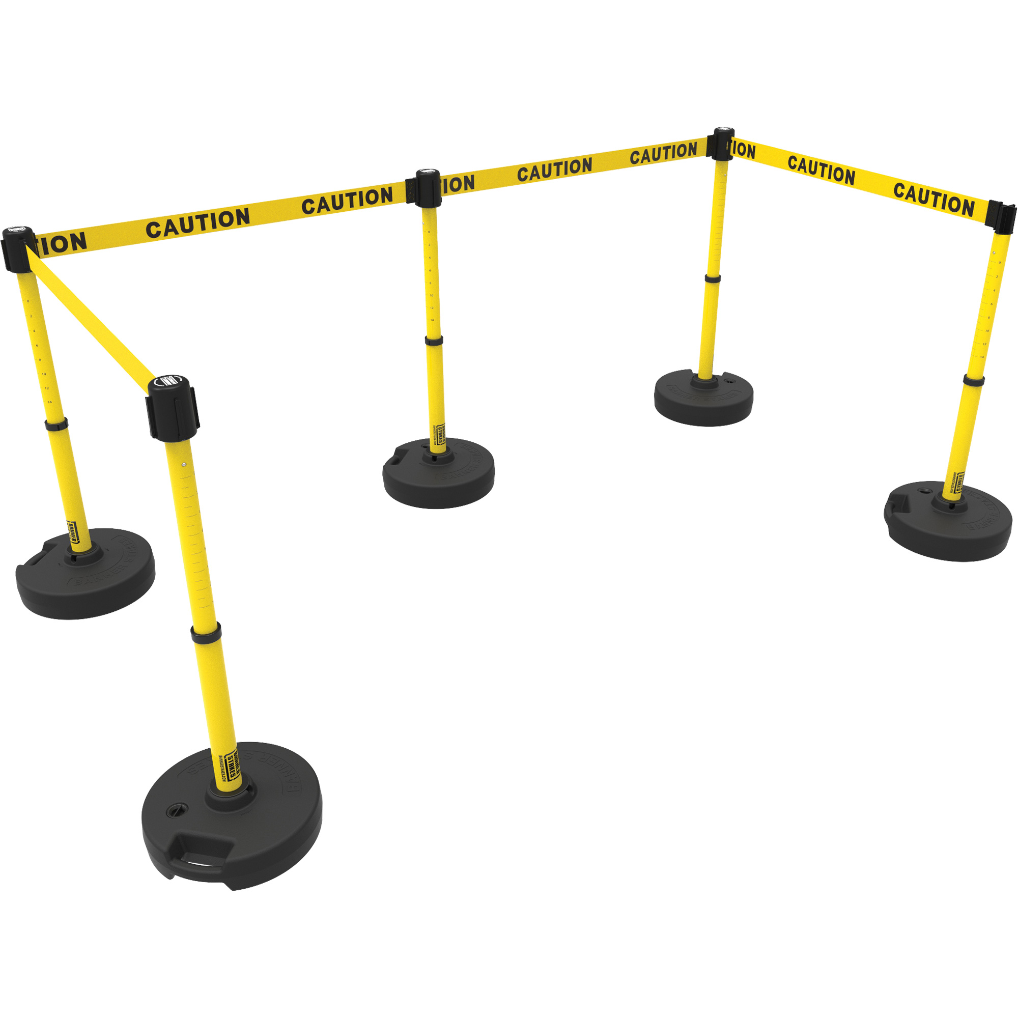 Ensemble de cinq montants pour barrière PLUS, Plastique, 42" h, Ruban Jaune, Longueur du ruban 15'