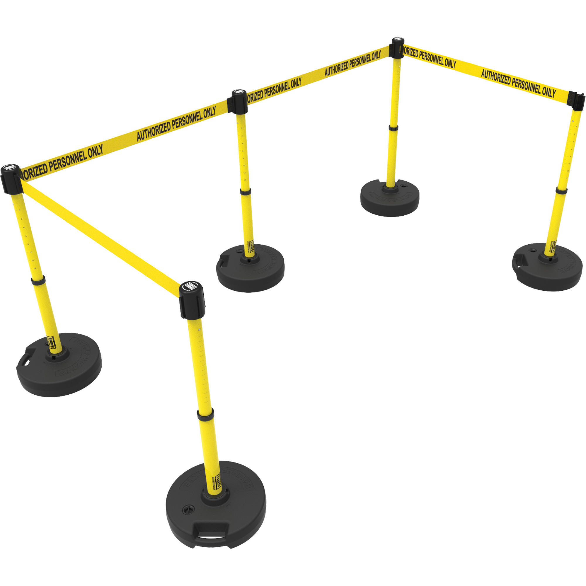 Ensemble de cinq montants pour barrière PLUS, Plastique, 42" h, Ruban Jaune, Longueur du ruban 15'