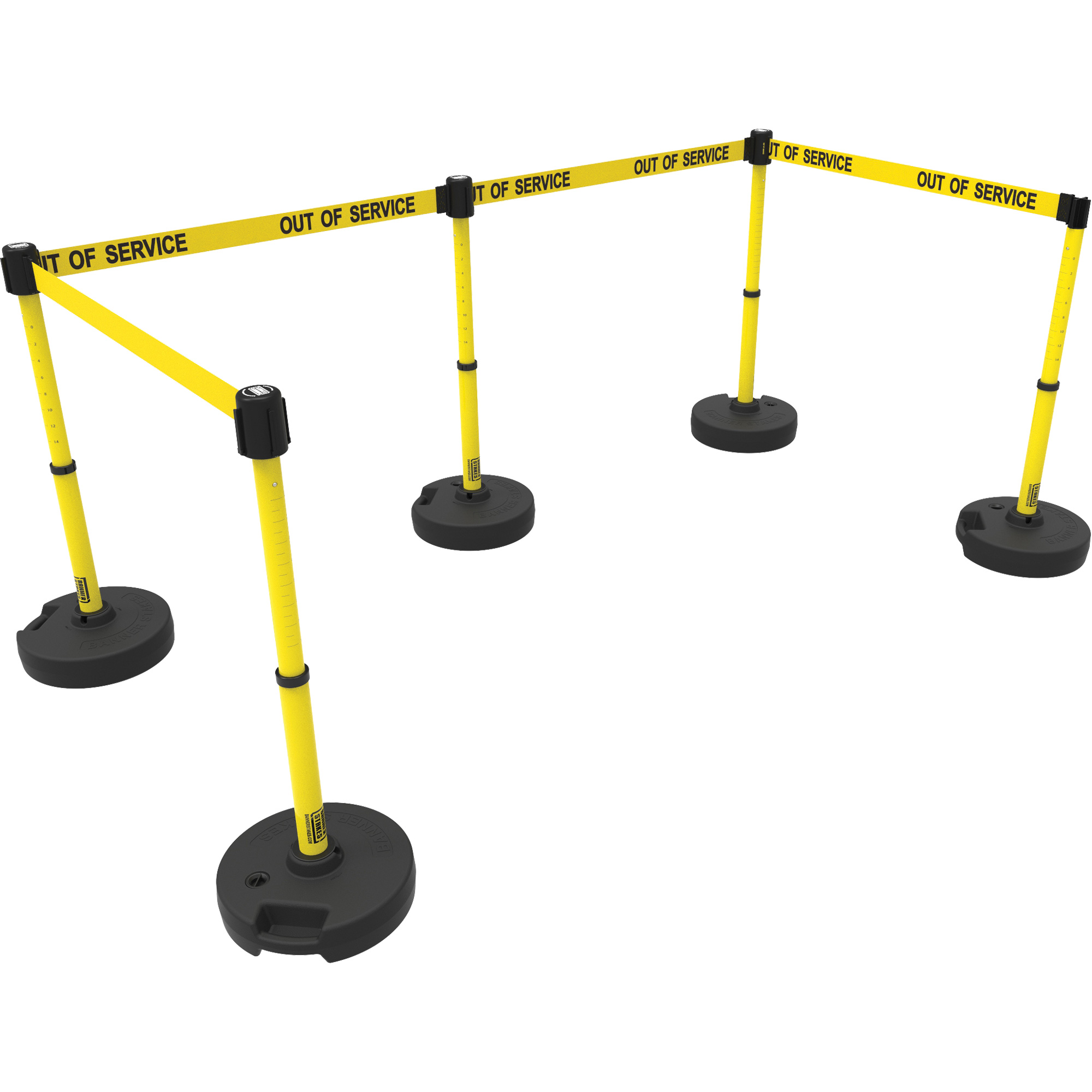 Ensemble de cinq montants pour barrière PLUS, Plastique, 42" h, Ruban Jaune, Longueur du ruban 15'