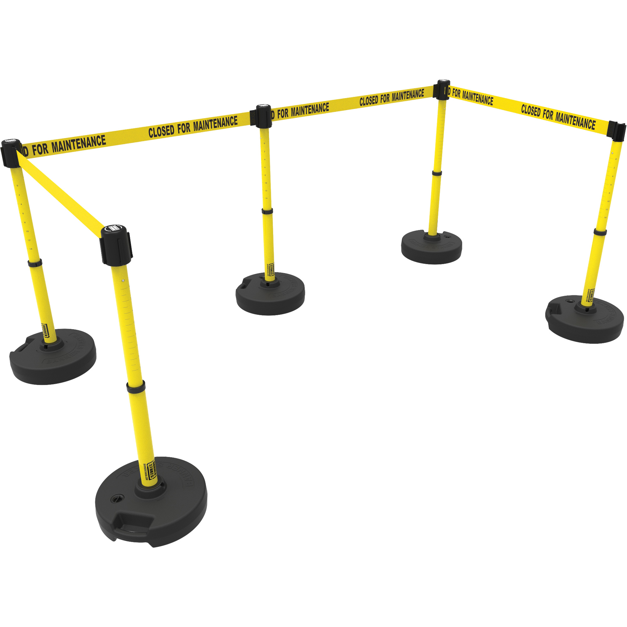 Ensemble de cinq montants pour barrière PLUS, Plastique, 42" h, Ruban Jaune, Longueur du ruban 15'
