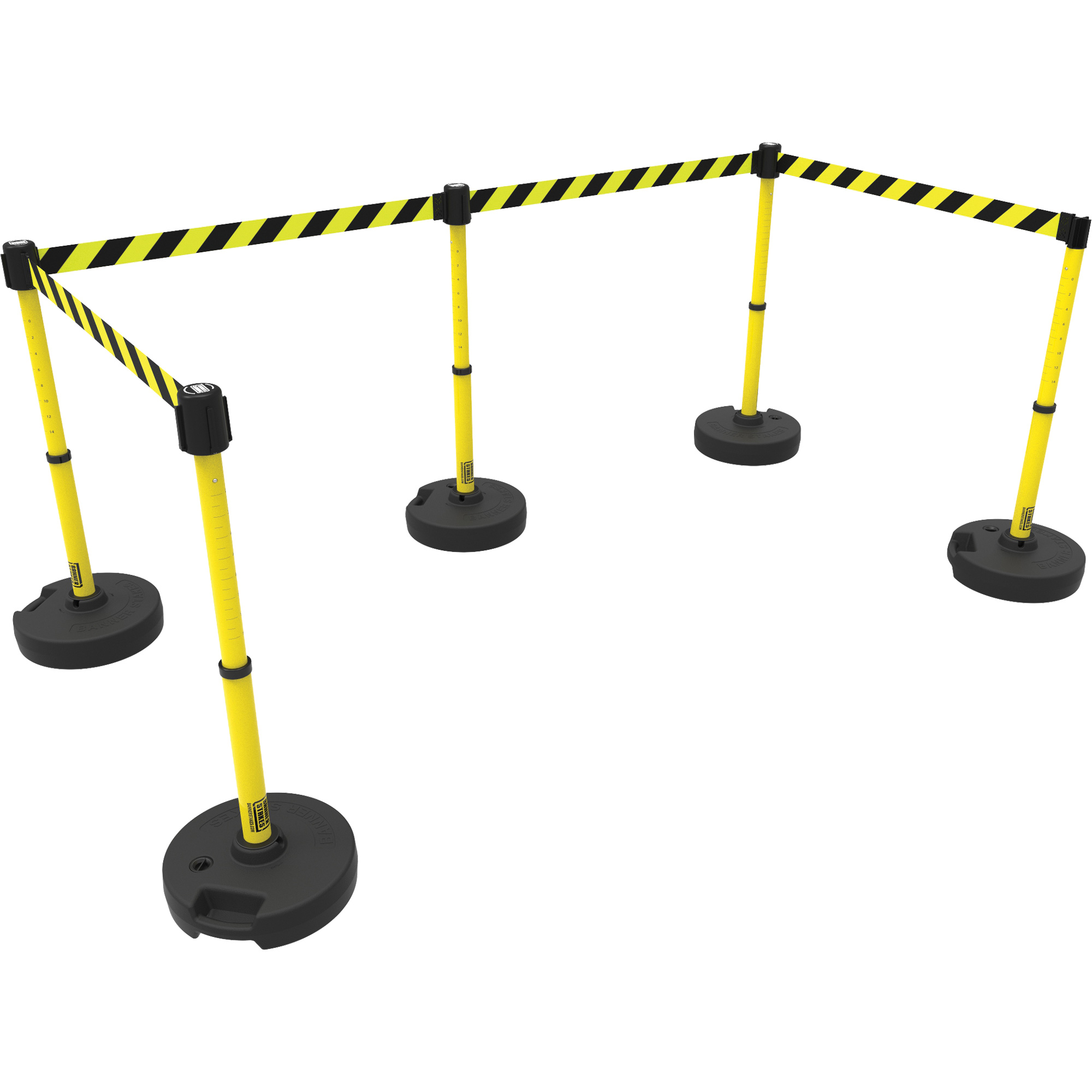 Ensemble de cinq montants pour barrière PLUS, Plastique, 42" h, Ruban Jaune, Longueur du ruban 15'
