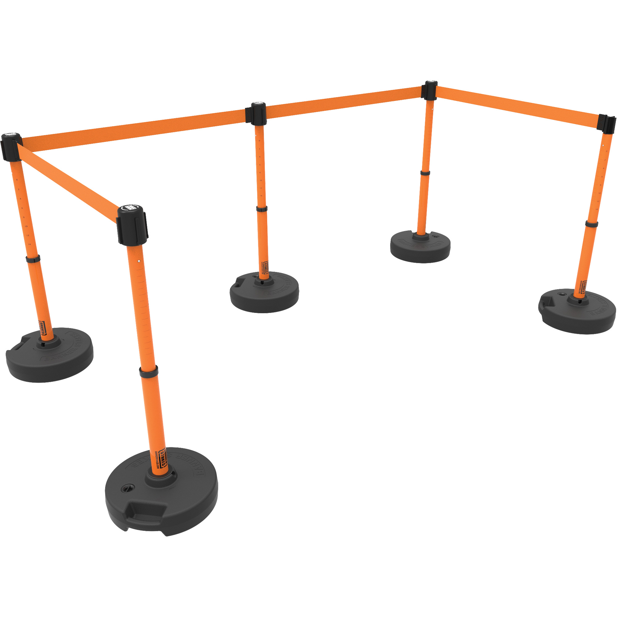 Ensemble de cinq montants pour barrière PLUS, Plastique, 42" h, Ruban Orange, Longueur du ruban 15'