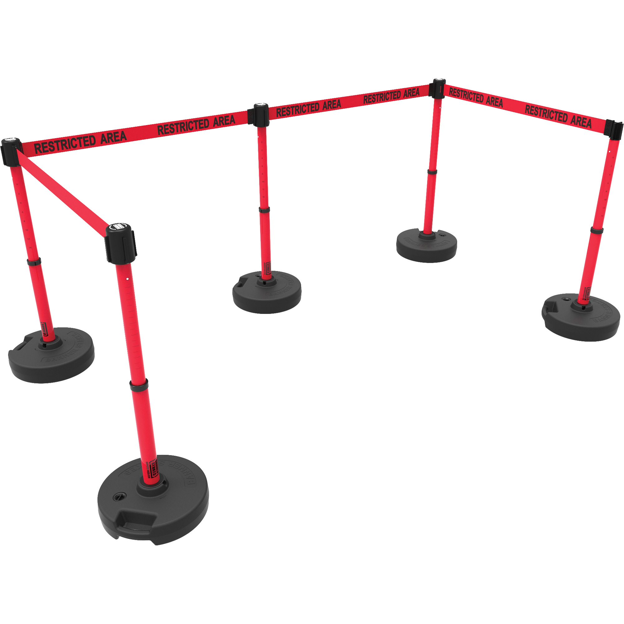 Ensemble de cinq montants pour barrière PLUS, Plastique, 42" h, Ruban Rouge, Longueur du ruban 15'
