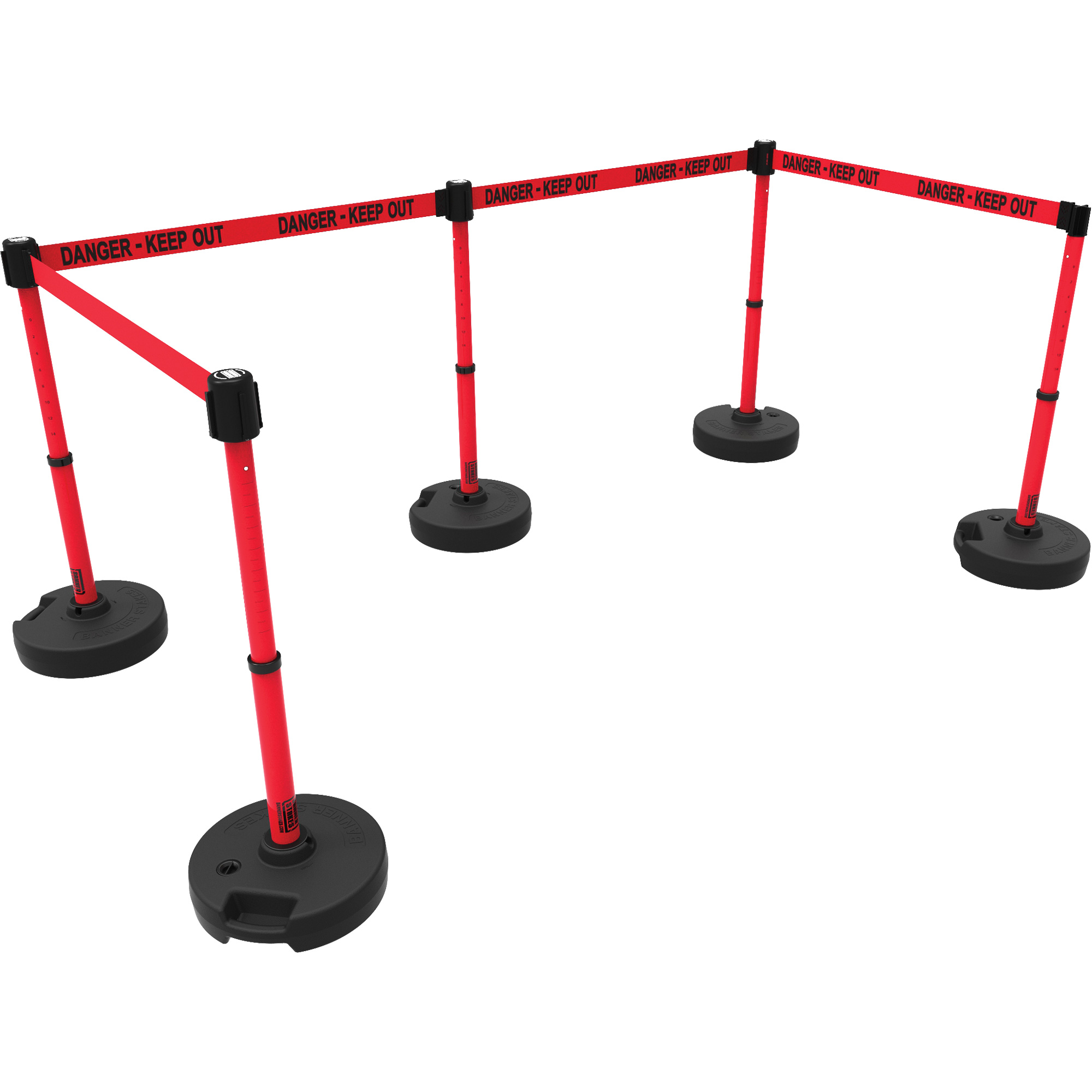 Ensemble de cinq montants pour barrière PLUS, Plastique, 42" h, Ruban Rouge, Longueur du ruban 15'