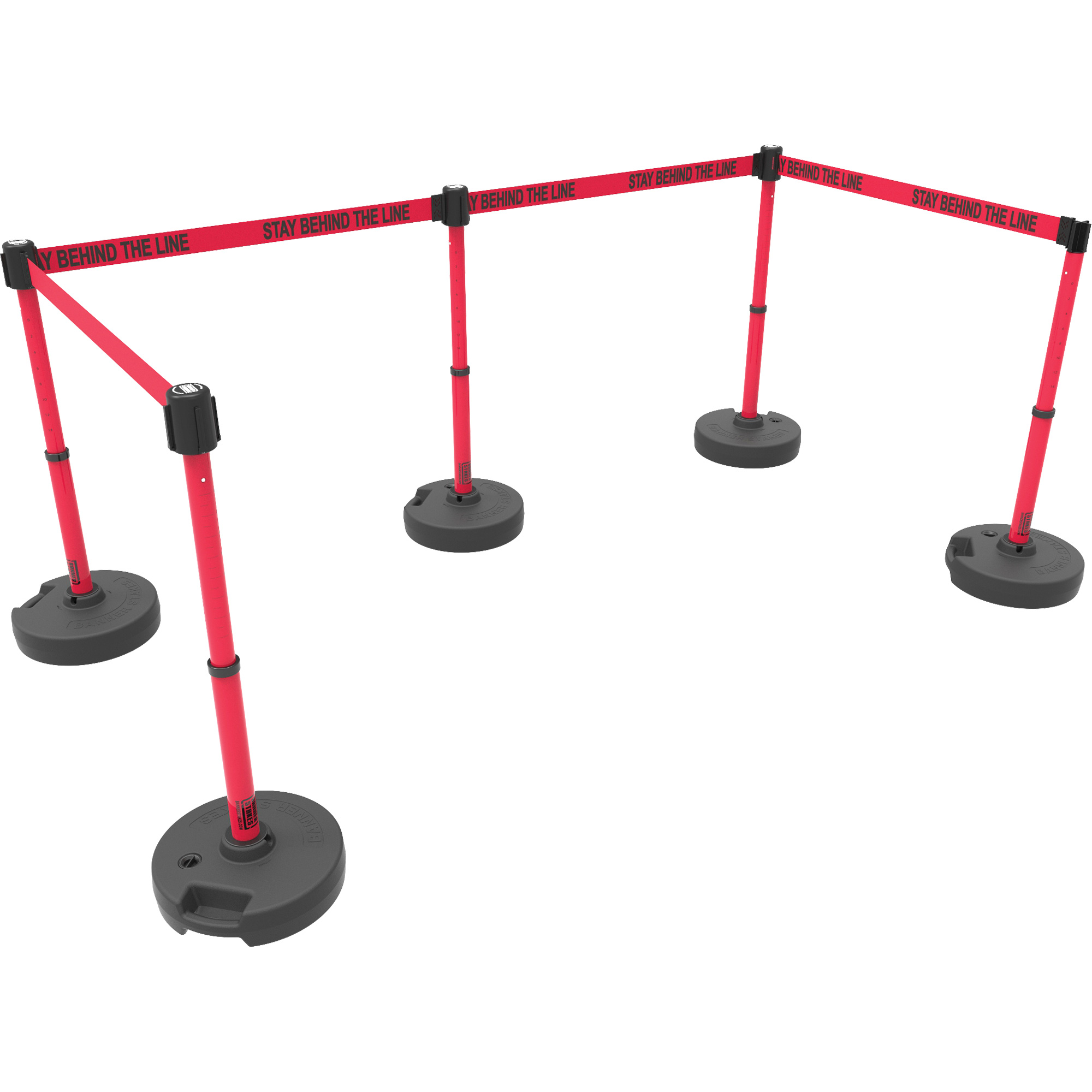 Ensemble de cinq montants pour barrière PLUS, Plastique, 42" h, Ruban Rouge, Longueur du ruban 15'