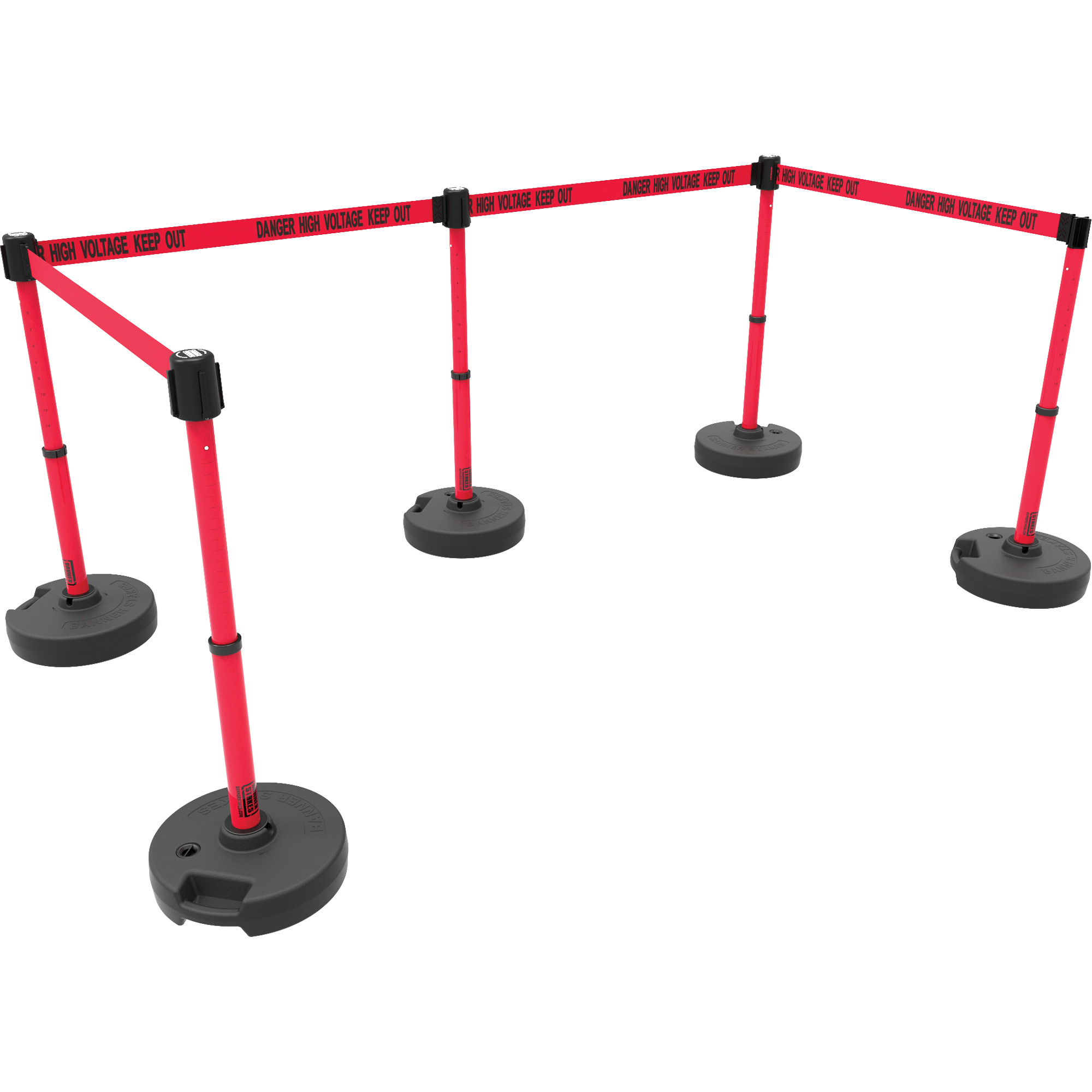 Ensemble de cinq montants pour barrière PLUS, Plastique, 42" h, Ruban Rouge, Longueur du ruban 15'