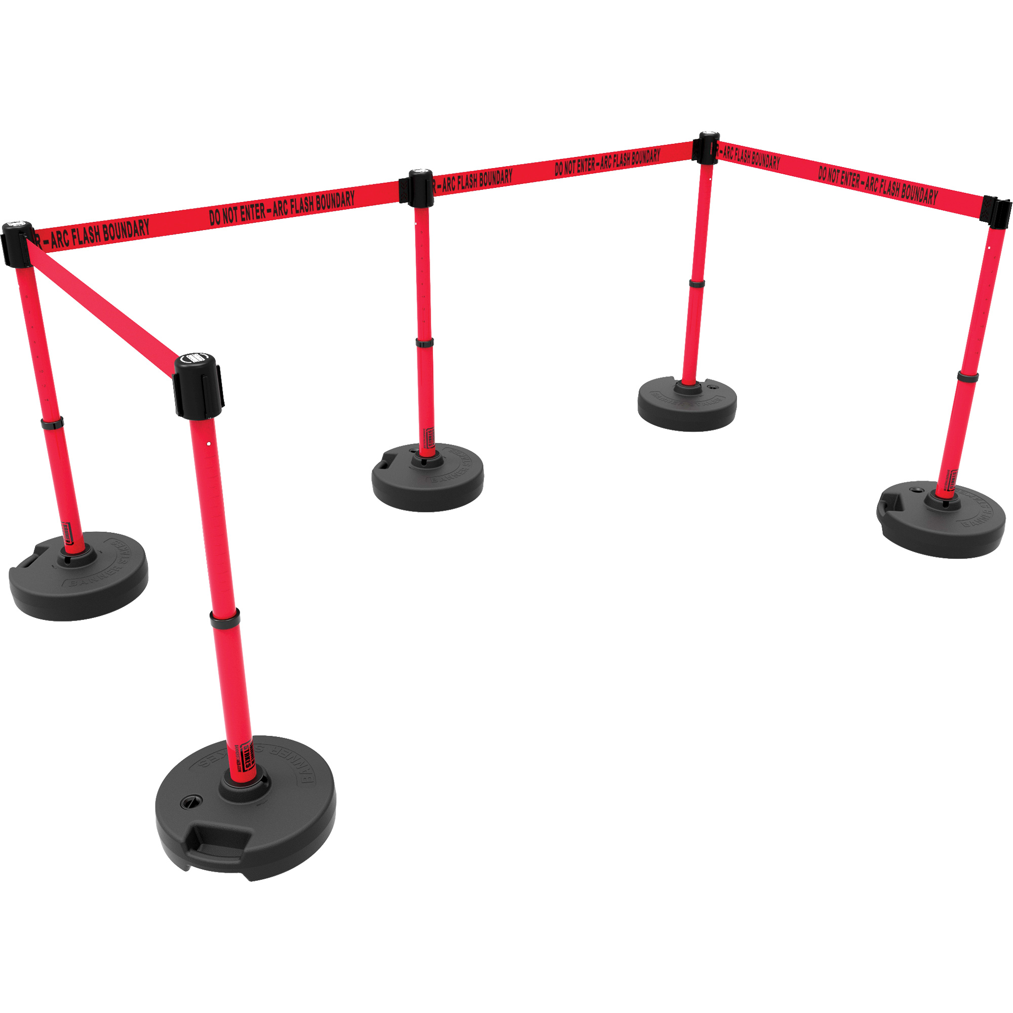 Ensemble de cinq montants pour barrière PLUS, Plastique, 42" h, Ruban Rouge, Longueur du ruban 15'