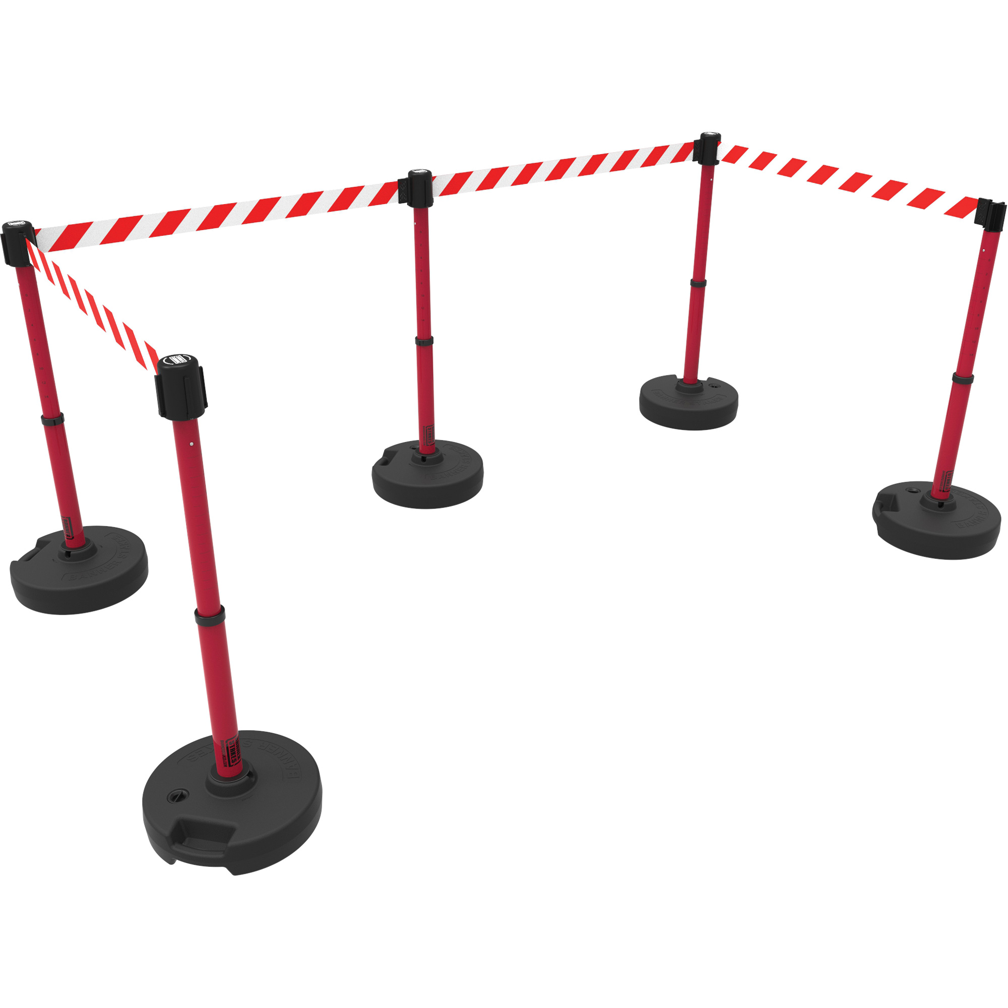 Ensemble de cinq montants pour barrière PLUS, Plastique, 42" h, Ruban Rouge, Longueur du ruban 15'