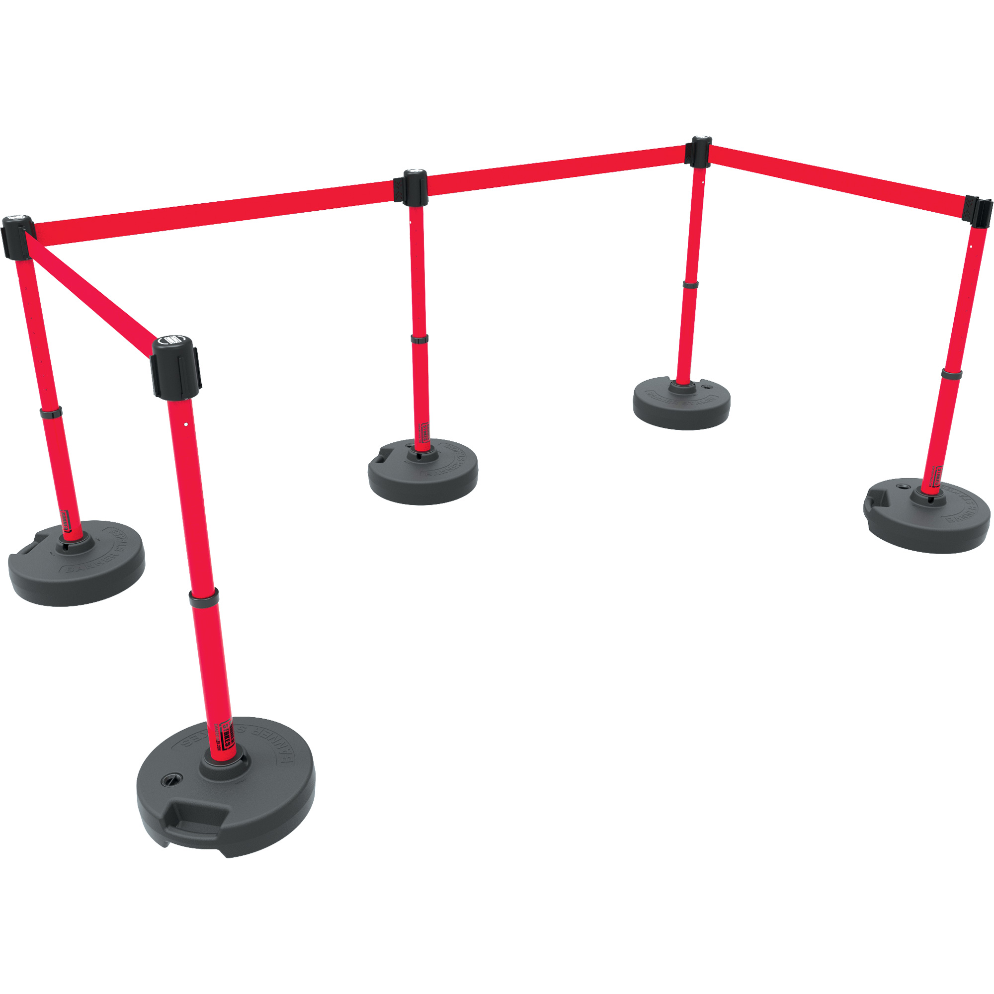 Ensemble de cinq montants pour barrière PLUS, Plastique, 42" h, Ruban Rouge, Longueur du ruban 15'