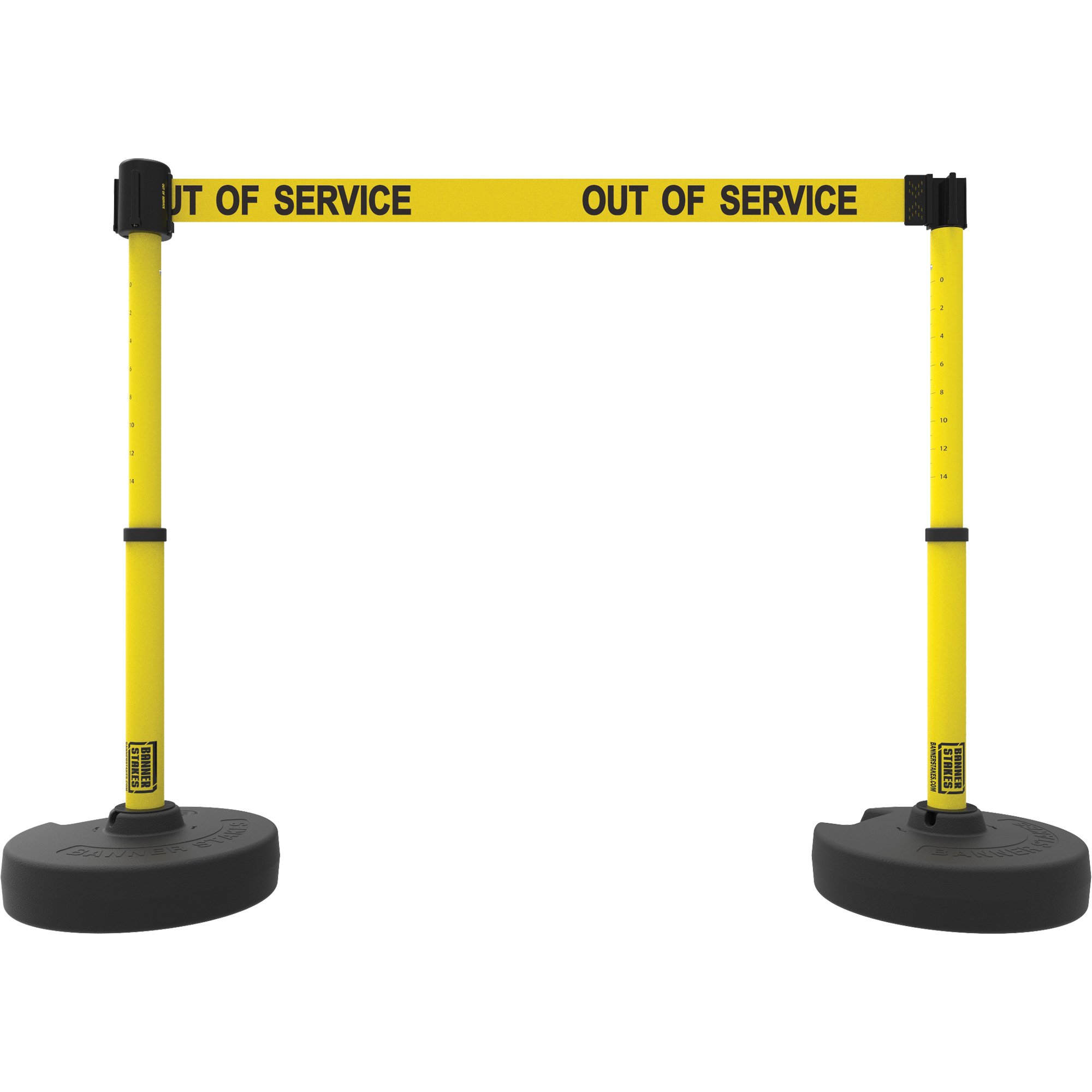 Ensemble de deux montants pour barrière PLUS, Plastique, 42" h, Ruban Jaune, Longueur du ruban 15'
