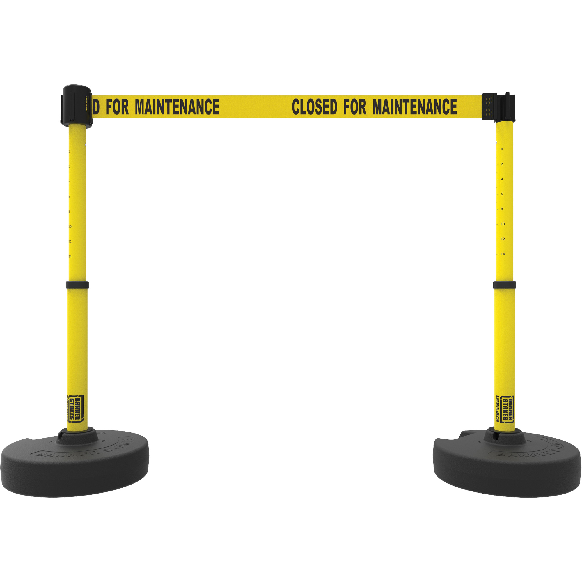 Ensemble de deux montants pour barrière PLUS, Plastique, 42" h, Ruban Jaune, Longueur du ruban 15'