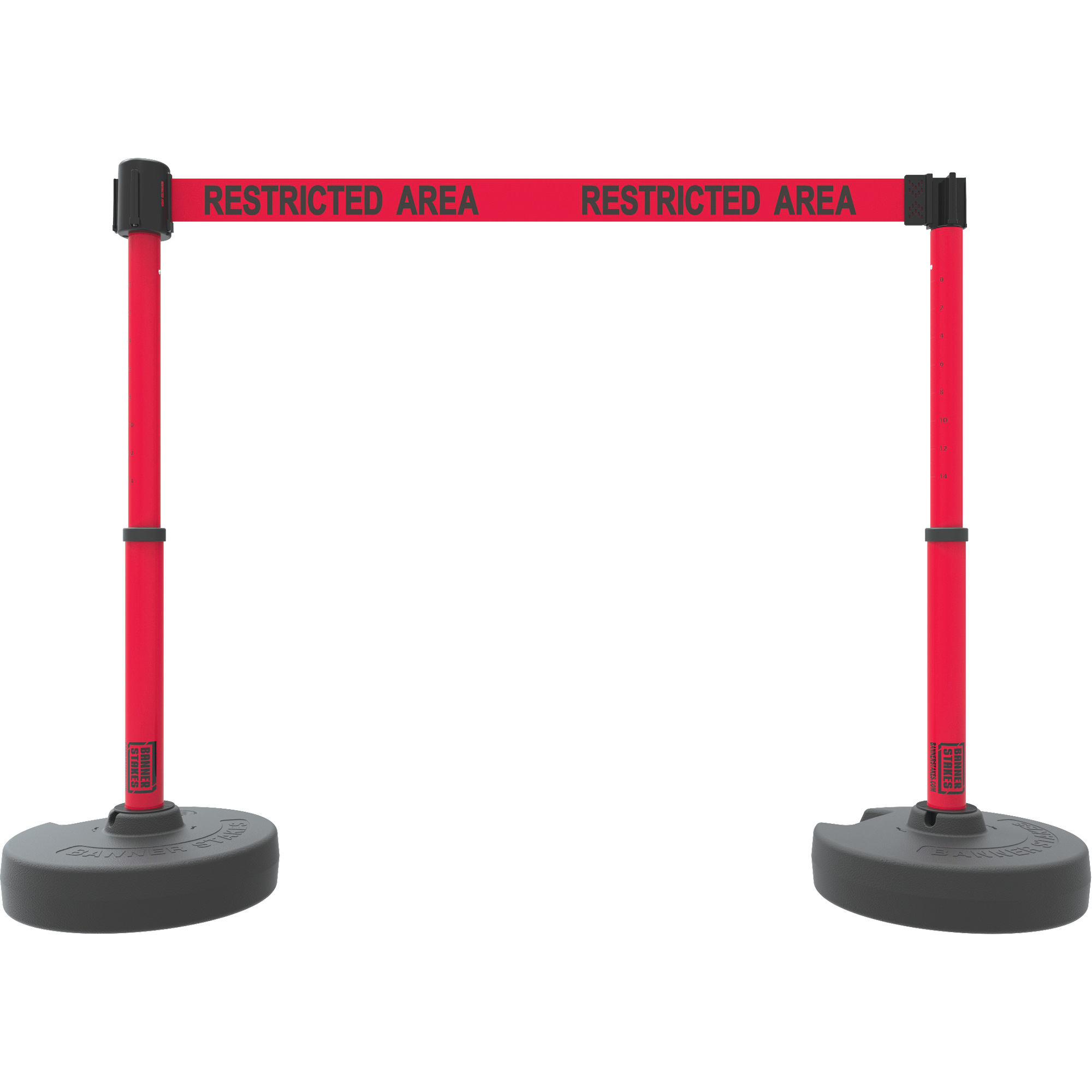 Ensemble de deux montants pour barrière PLUS, Plastique, 42" h, Ruban Rouge, Longueur du ruban 15'