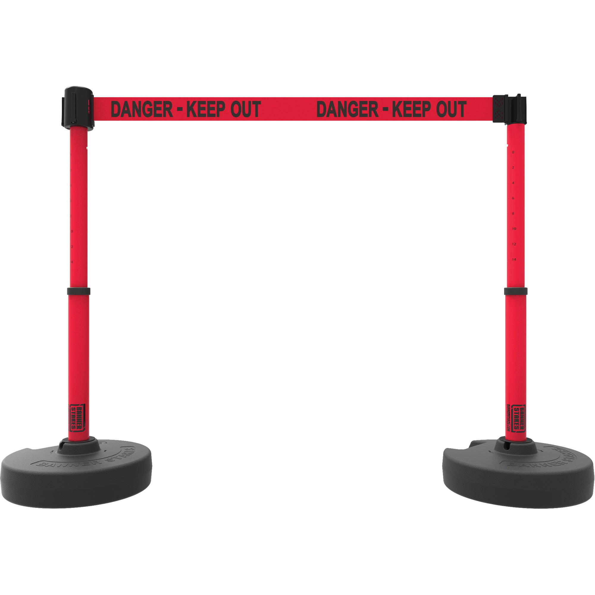 Ensemble de deux montants pour barrière PLUS, Plastique, 42" h, Ruban Rouge, Longueur du ruban 15'