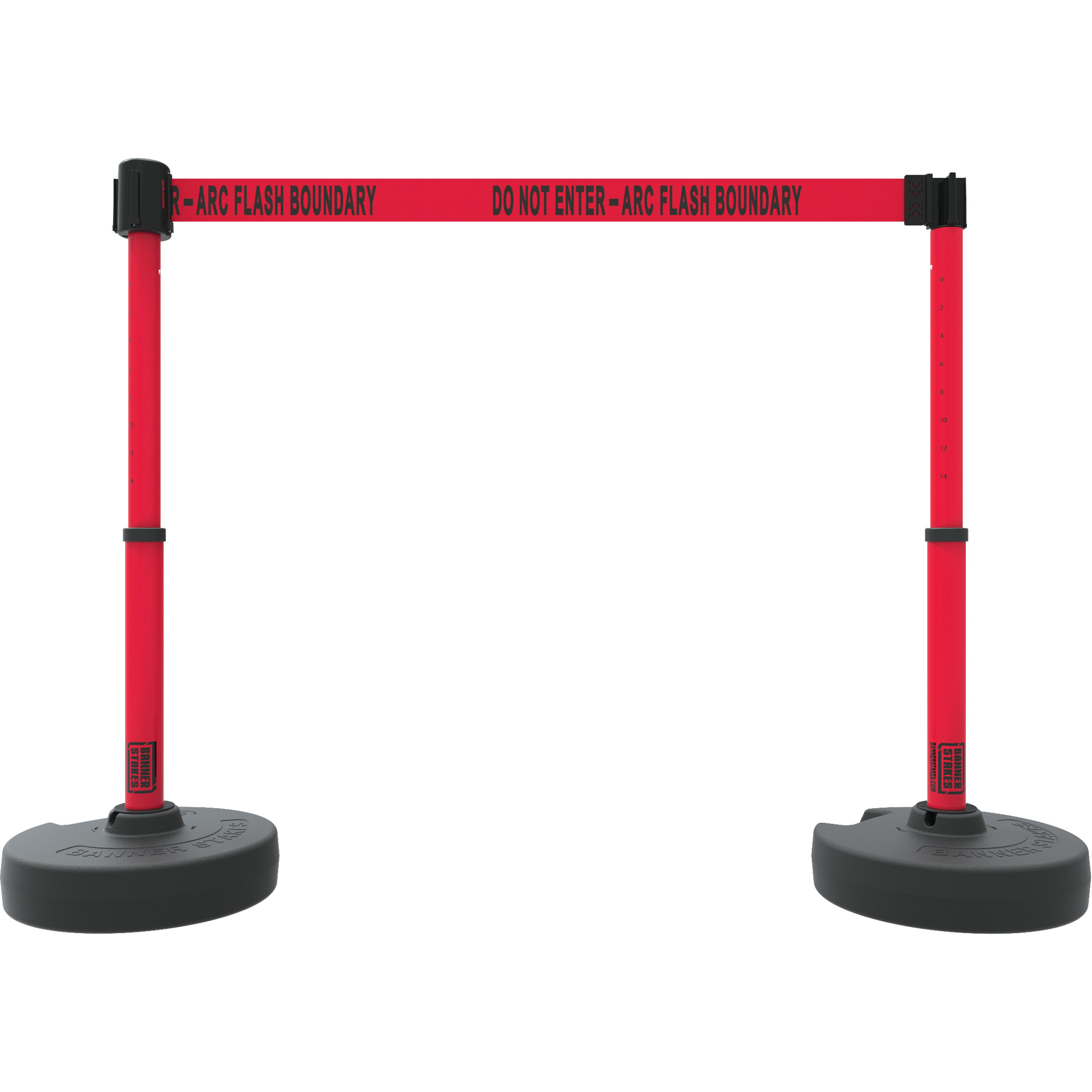 Ensemble de deux montants pour barrière PLUS, Plastique, 42" h, Ruban Rouge, Longueur du ruban 15'