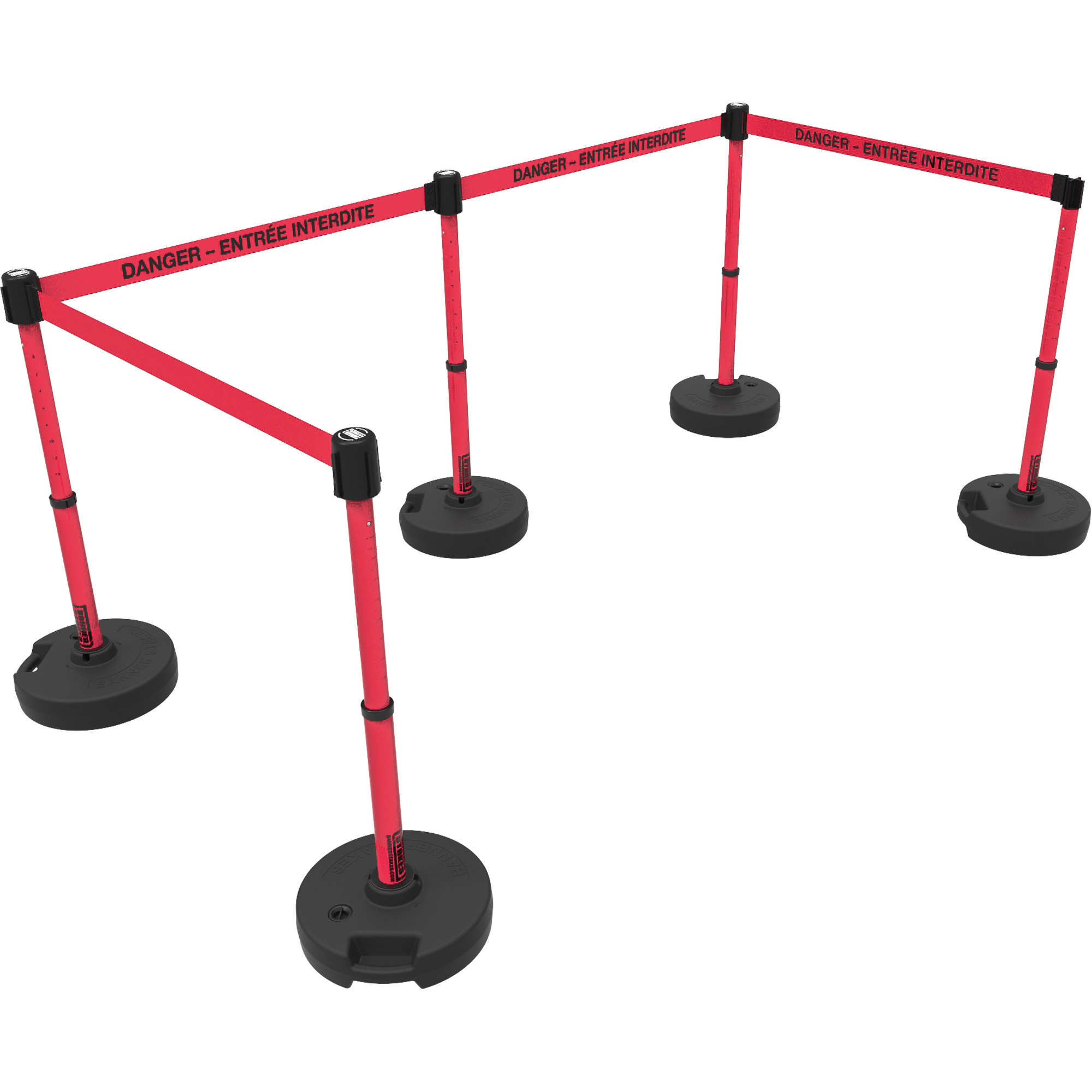 Ensemble de montants pour barrière Plus, Plastique, 42" h, Ruban Rouge, Longueur du ruban 15'