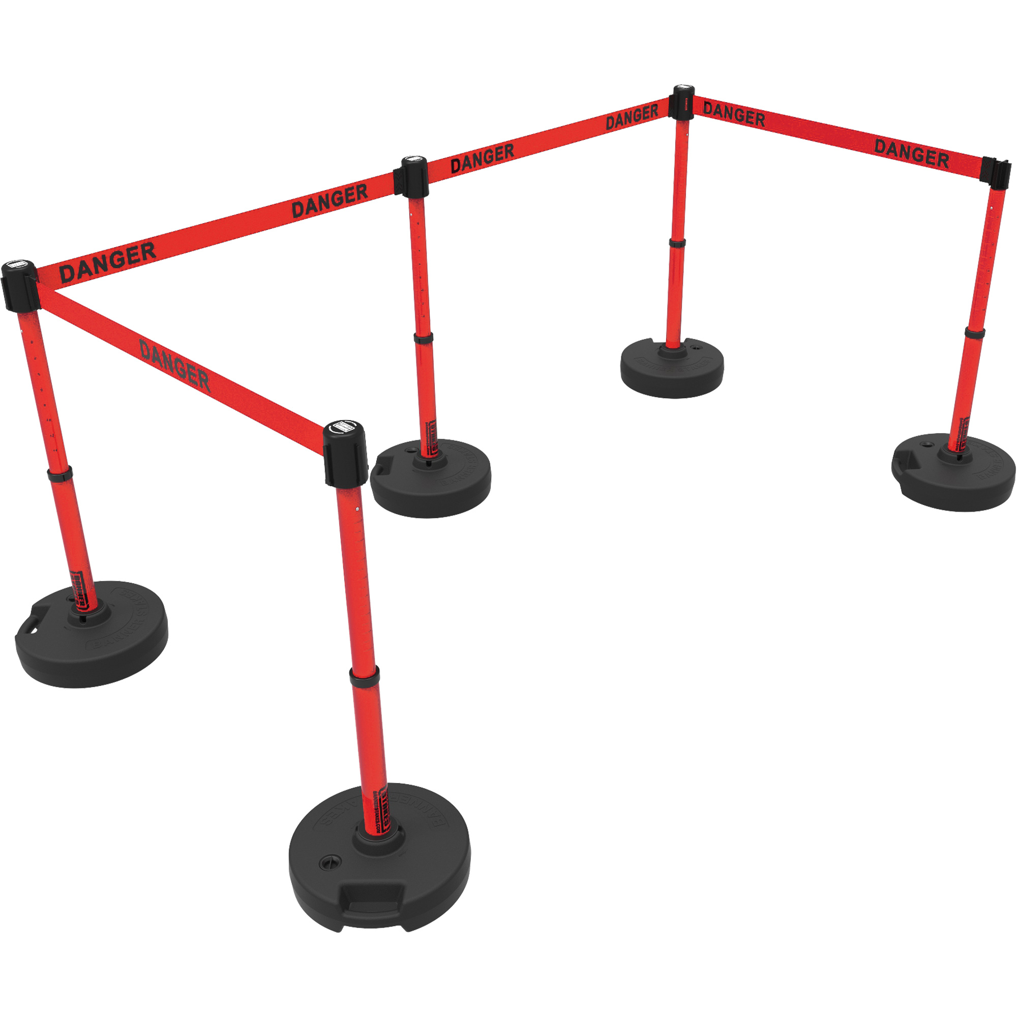 Ensemble de montants pour barrière Plus, Plastique, 42" h, Ruban Rouge, Longueur du ruban 15'
