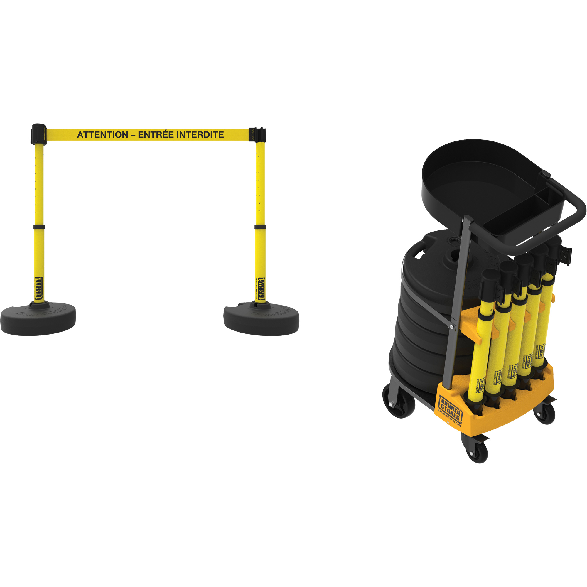 Système de barrière à chariot portatif avec plateau Plus, 75' lo, Métal/Plastique, Jaune