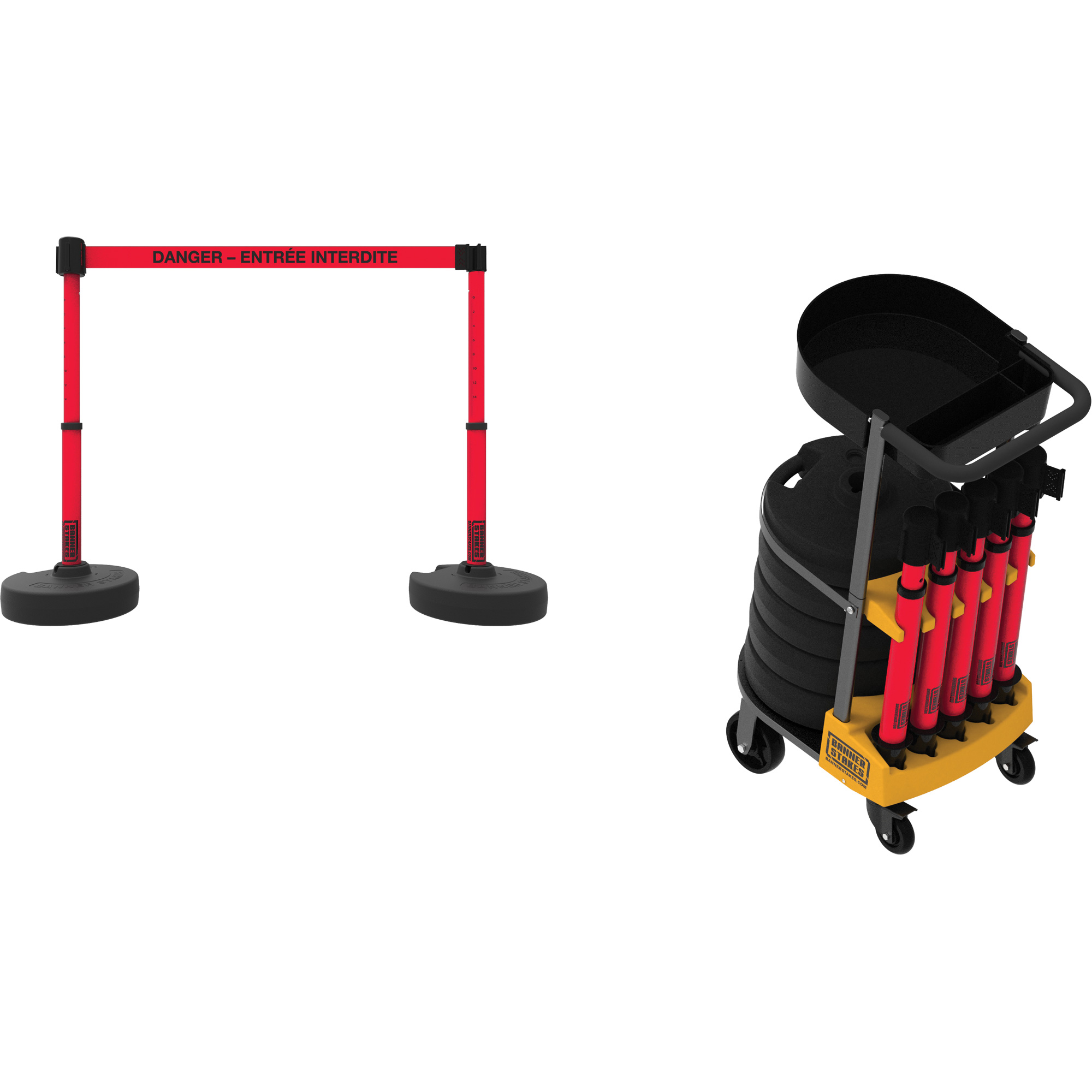 Système de barrière à chariot portatif avec plateau Plus, 75' lo, Métal/Plastique, Rouge