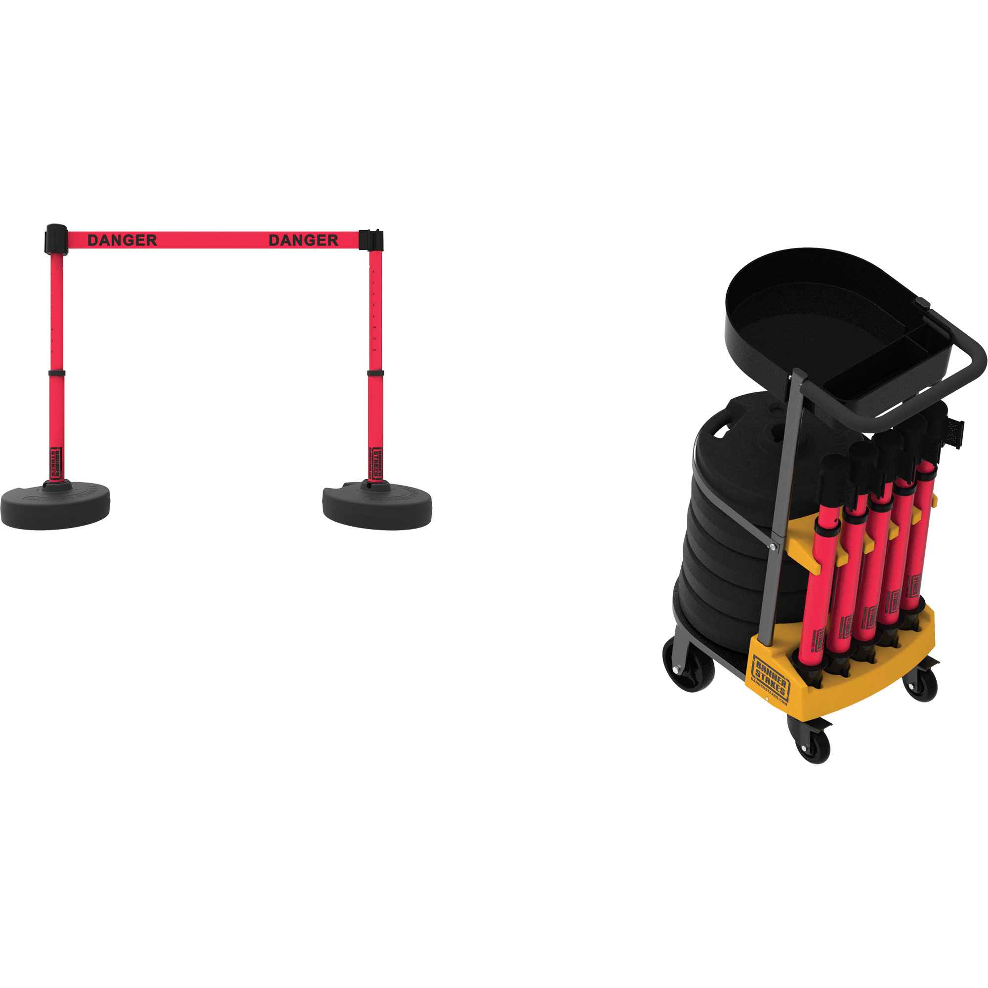 Système de barrière à chariot portatif avec plateau Plus, 75' lo, Métal/Plastique, Rouge