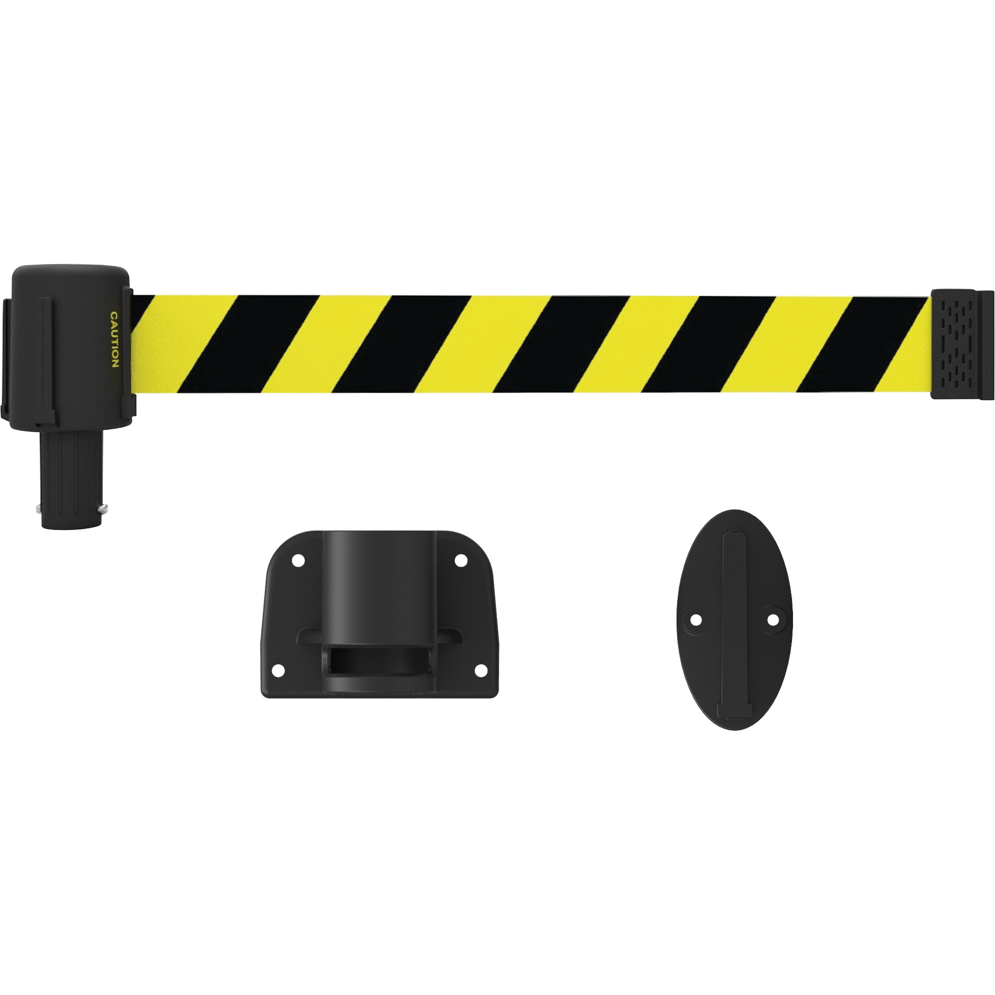 Système de montage mural pour barrière PLUS, Plastique, Fixation par vis, 15', Ruban Noir et jaune