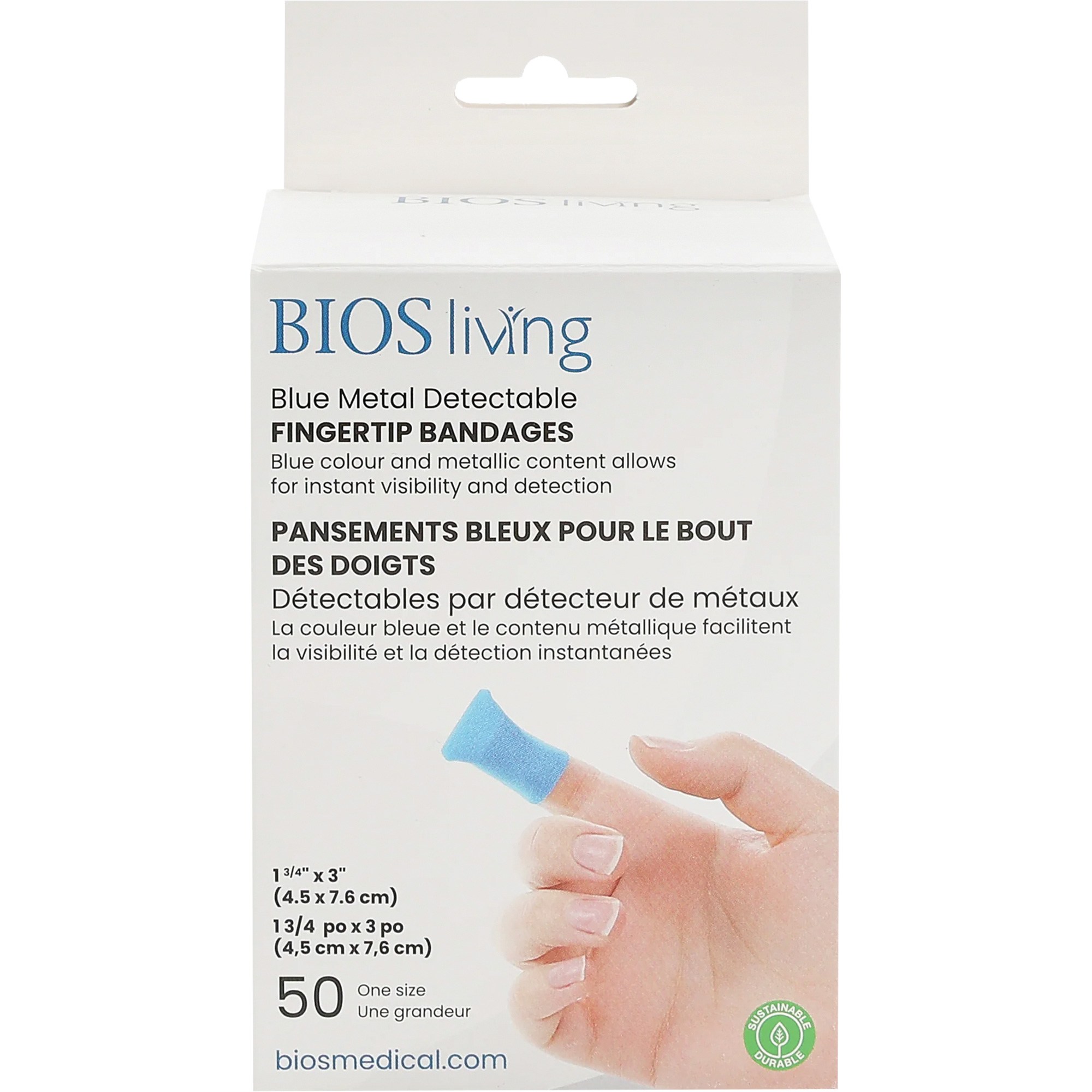 Bandages bleus, Bout de doigt, 3", Tissu détectable, Stérile