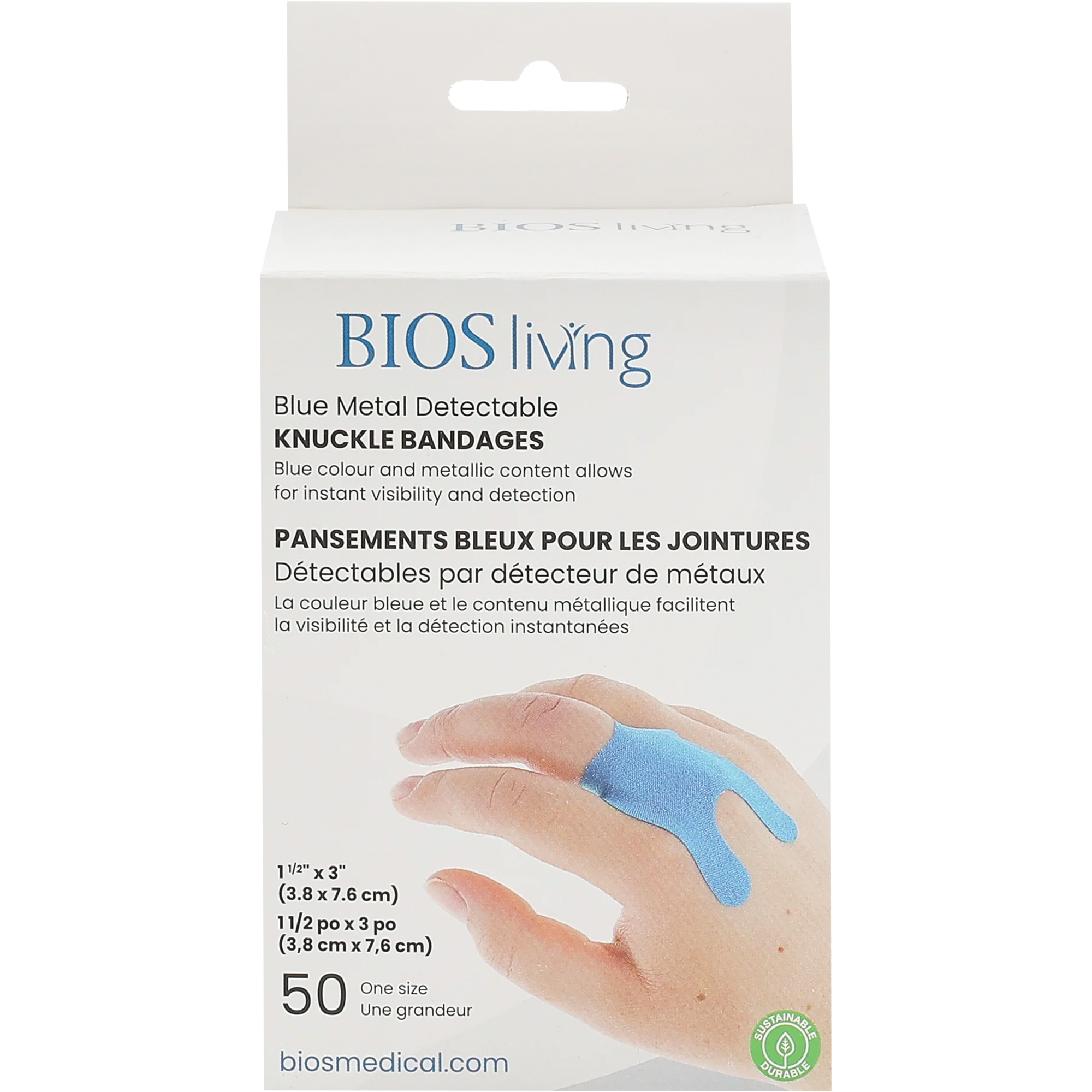 Bandages bleus, Jointures, 3", Tissu détectable, Stérile