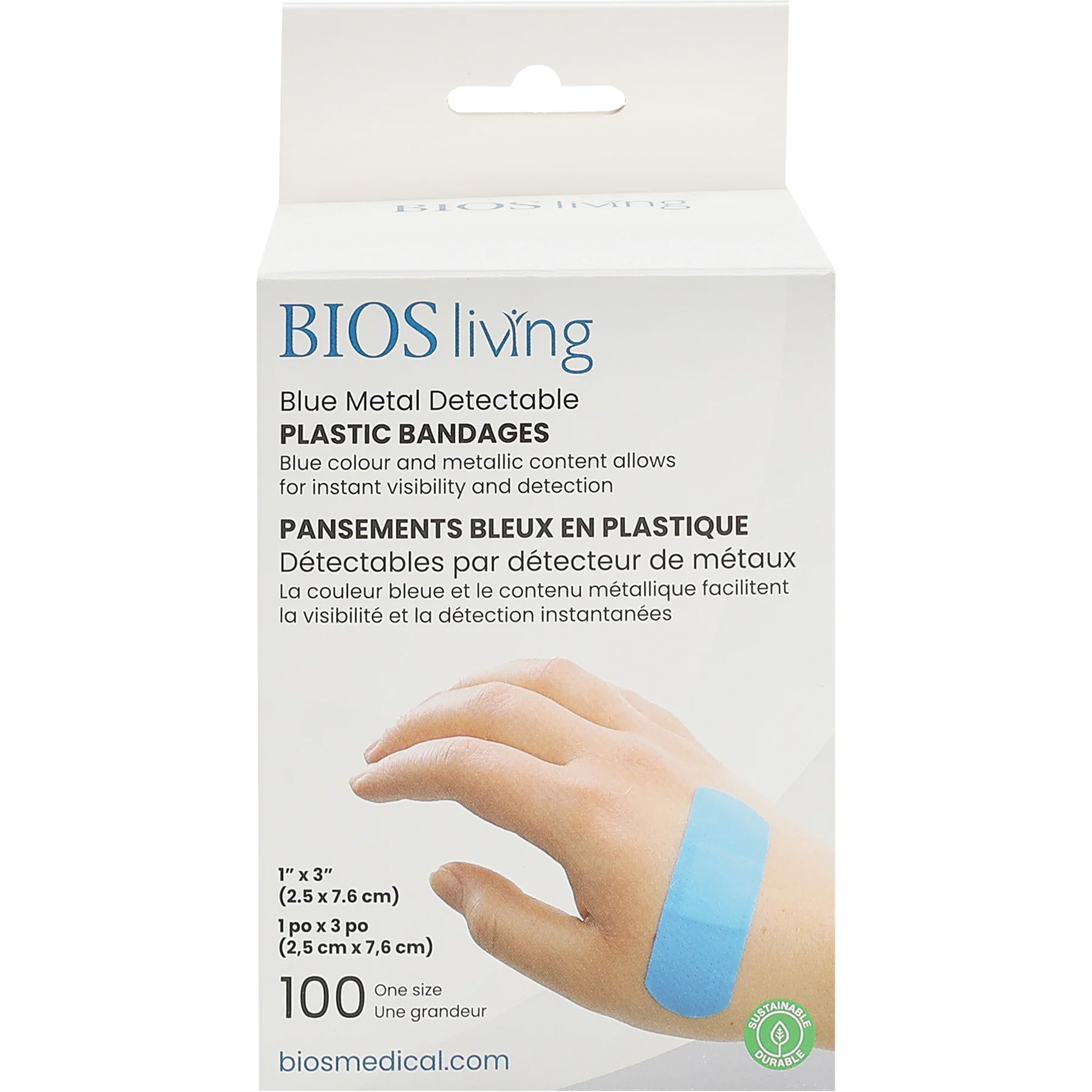 Bandages hydrofugés bleu, Rectangulaire/carrée, 3", Plastique détectable, Stérile