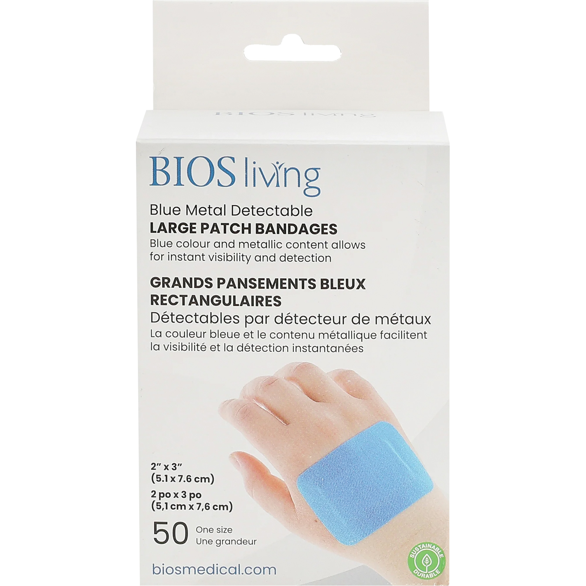 Grands bandages renforcés bleus, Rectangulaire/carrée, 3", Tissu détectable, Stérile