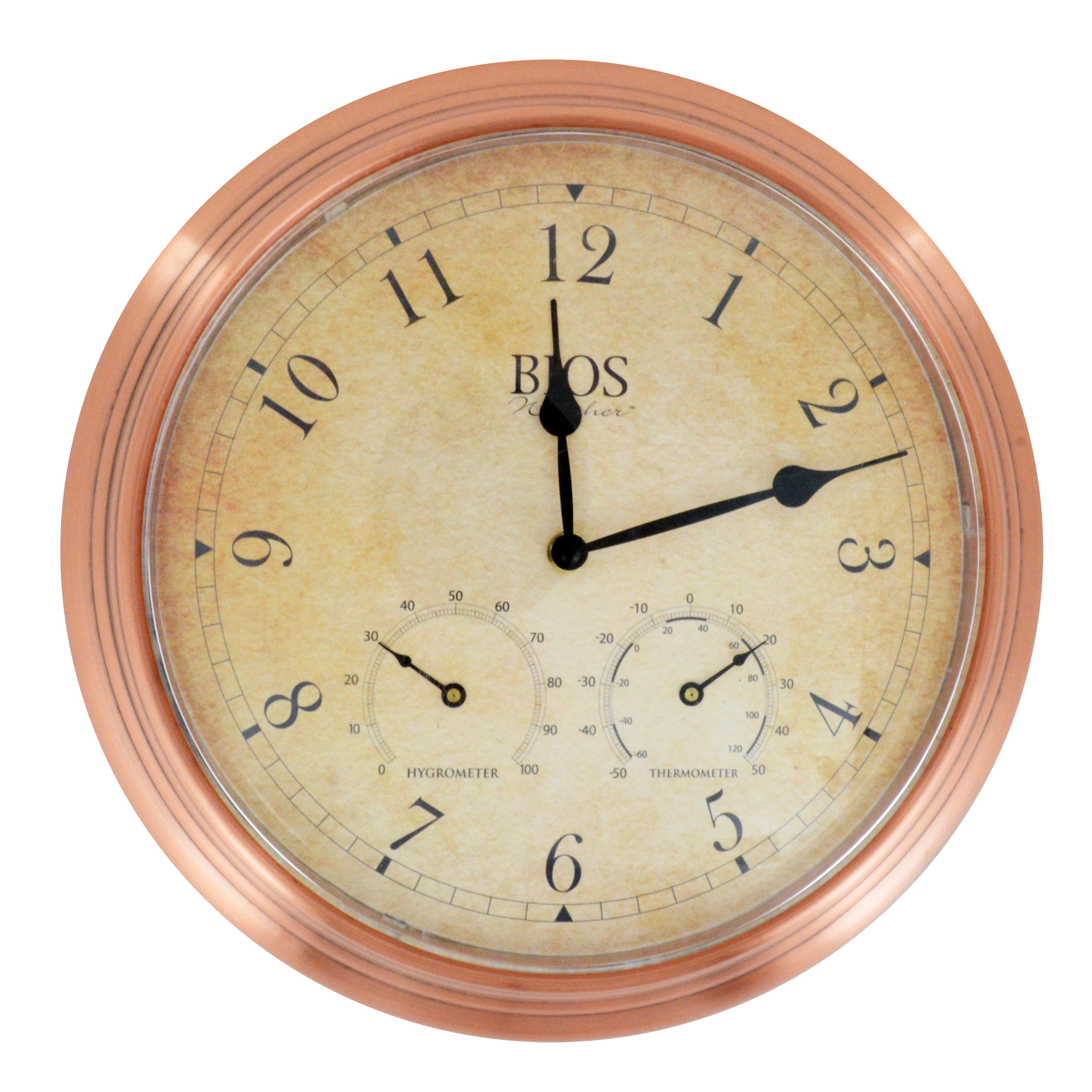Horloge extérieure 3 en 1, Analogique, À piles, 14" dia., Brun