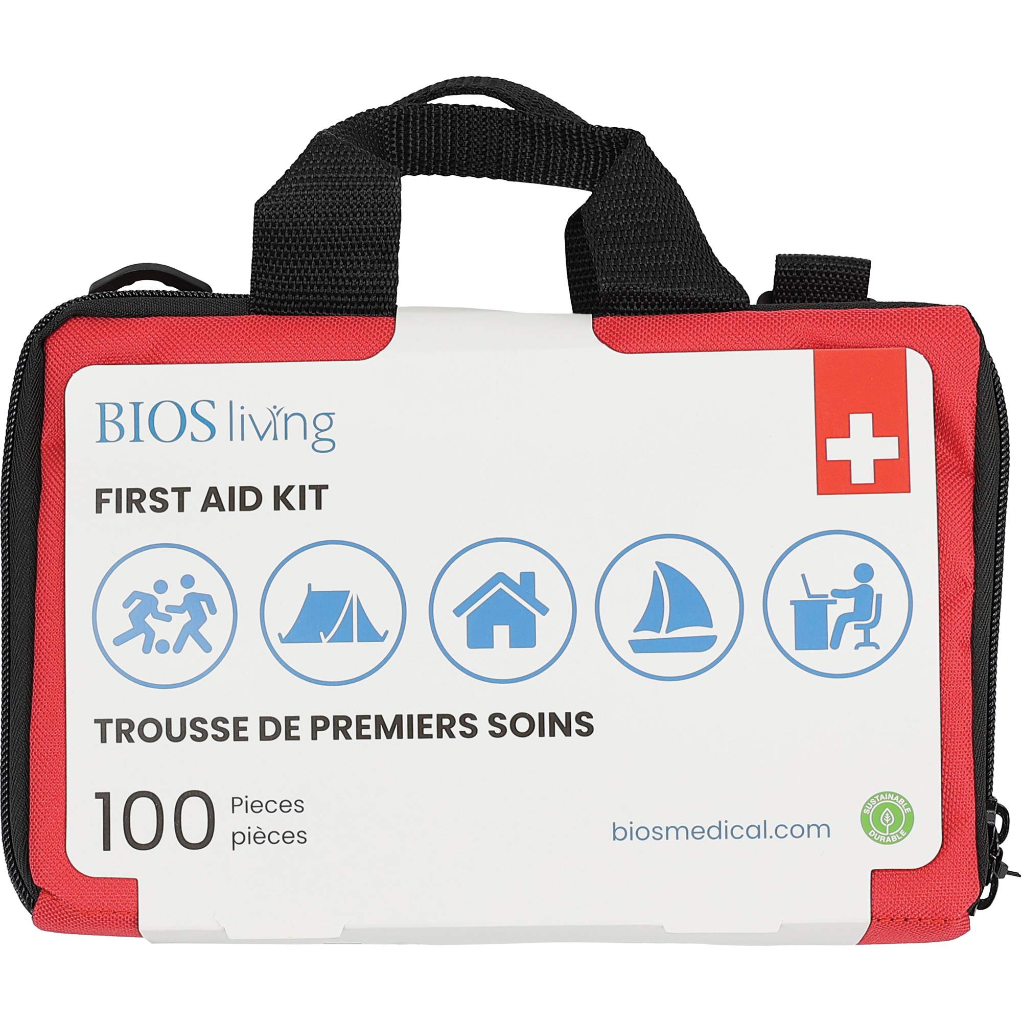 Trousse de premiers soins pour la maison et le voyage de 100 morceaux, Sac en nylon