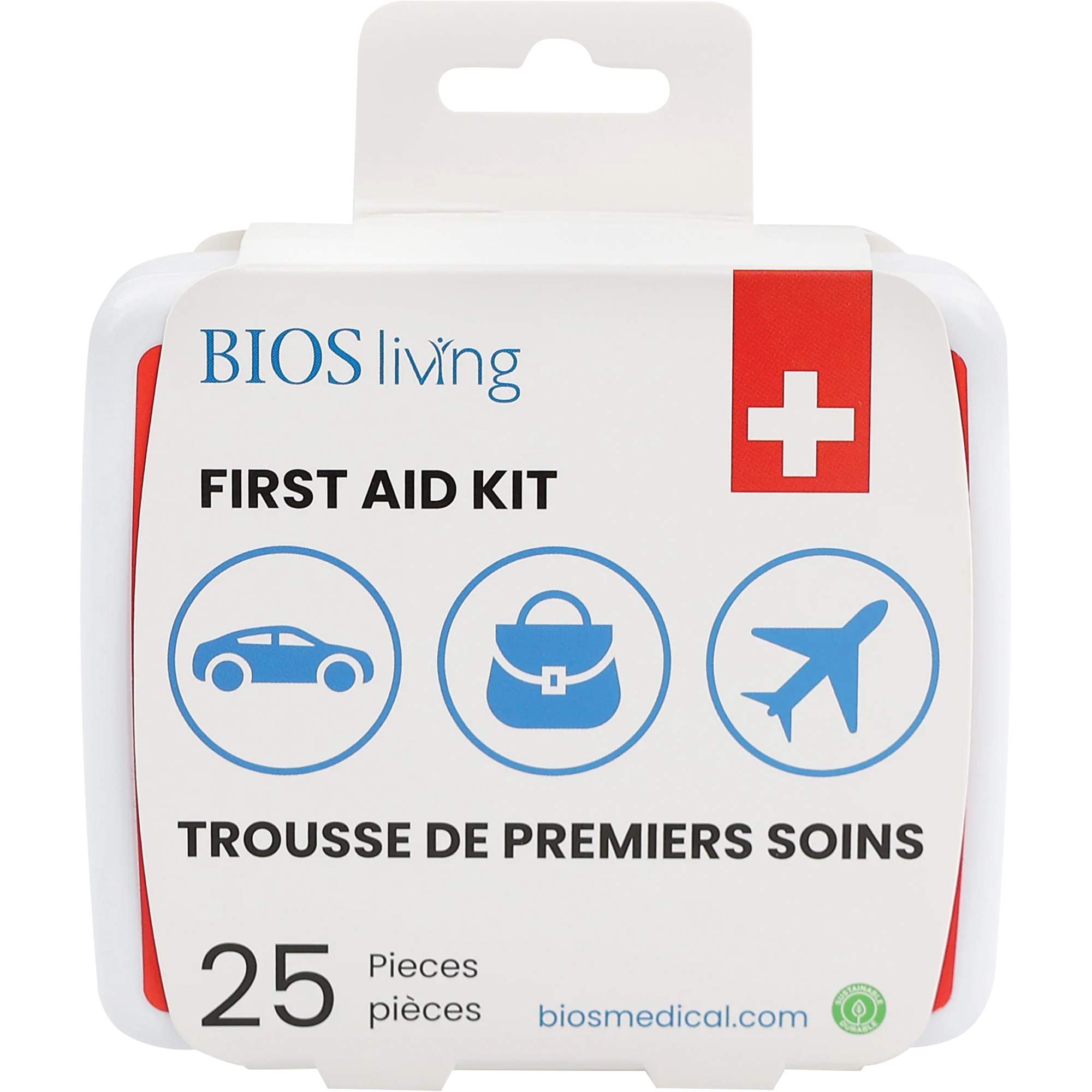 Trousse de premiers soins pour la maison et le voyage de 25 morceaux, Boîte en plastique