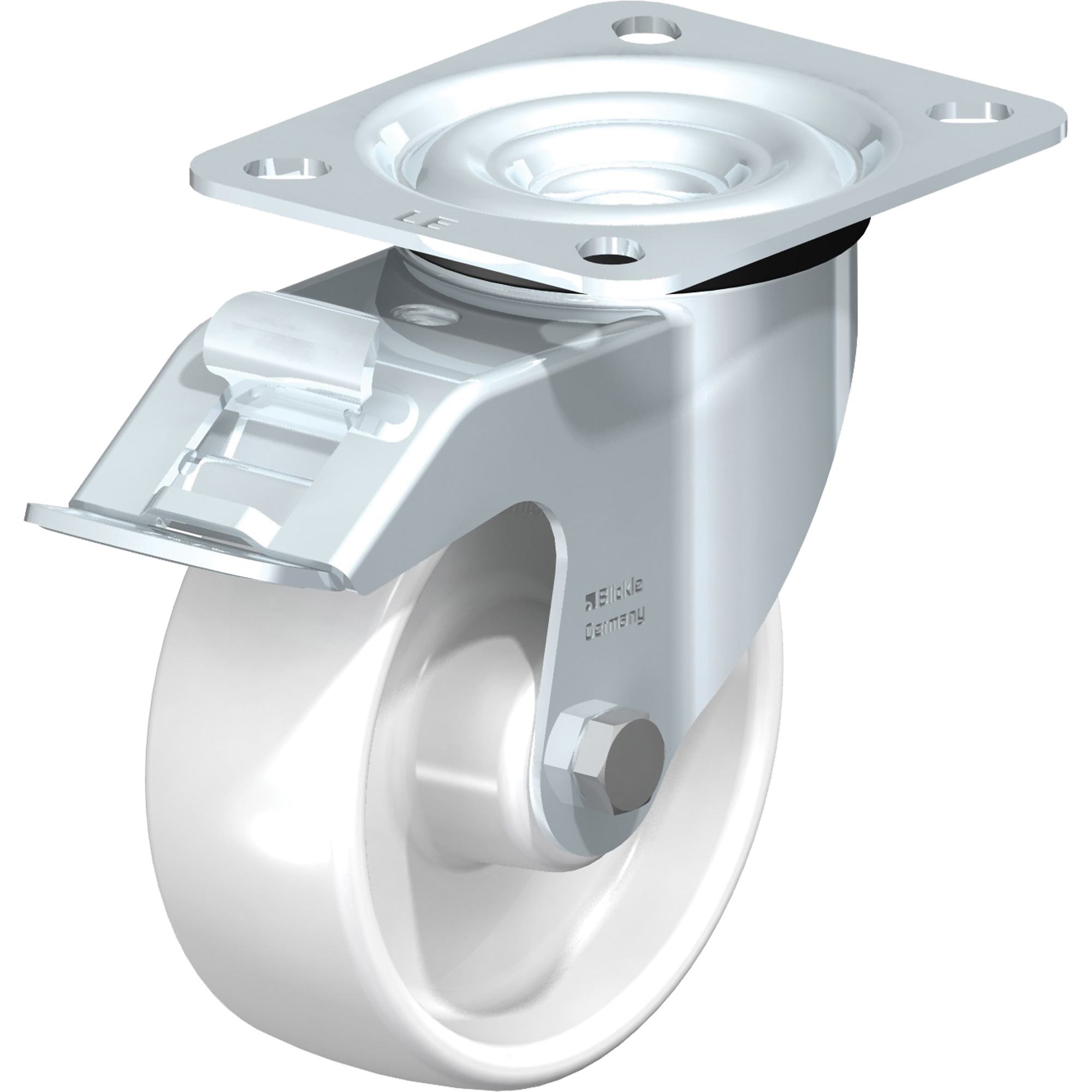 Roulette blanche, Pivotant avec frein, 4" (101,6 mm), Polyamide, 275 lb (125 kg)