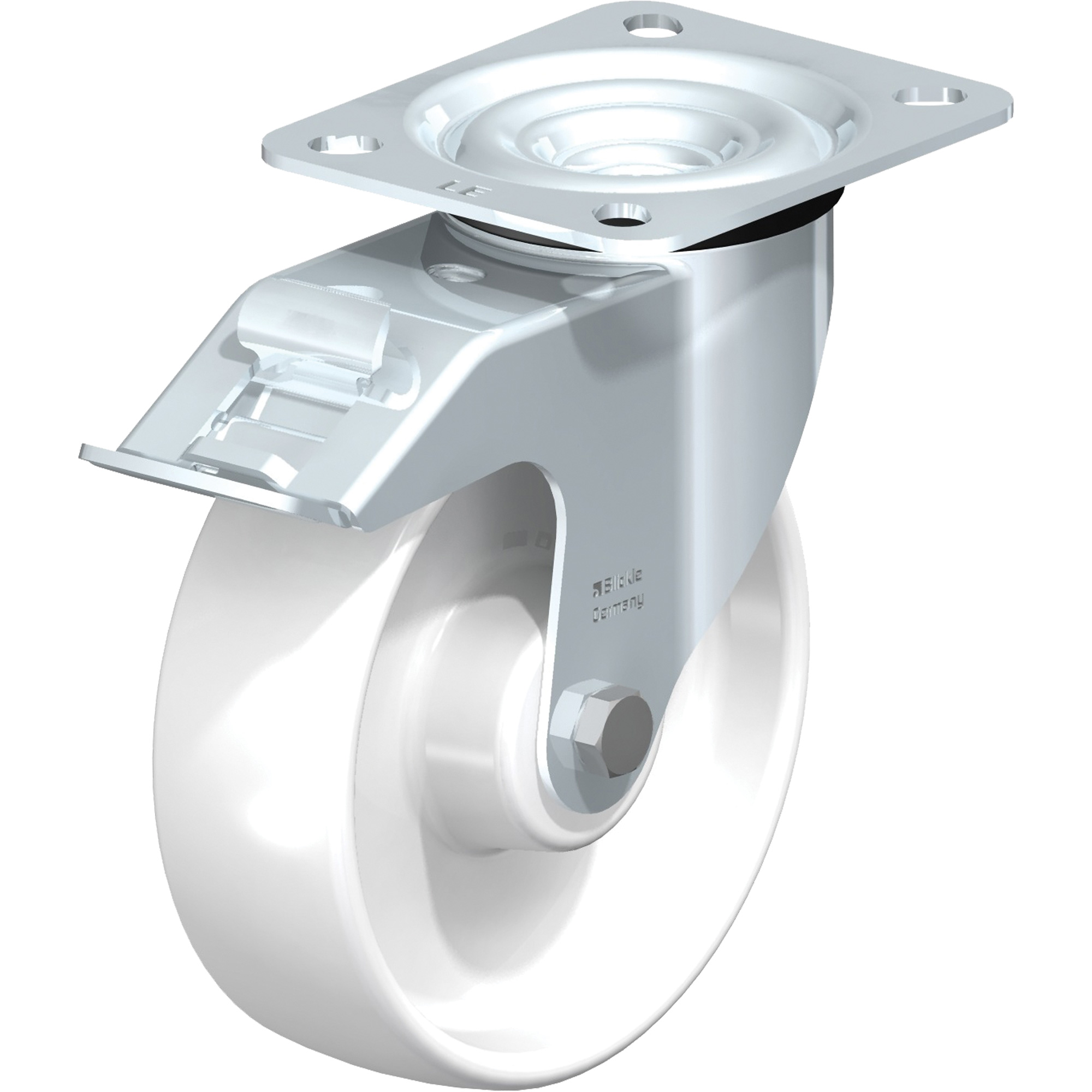 Roulette blanche, Pivotant avec frein, 5" (127 mm), Polyamide, 275 lb (125 kg)