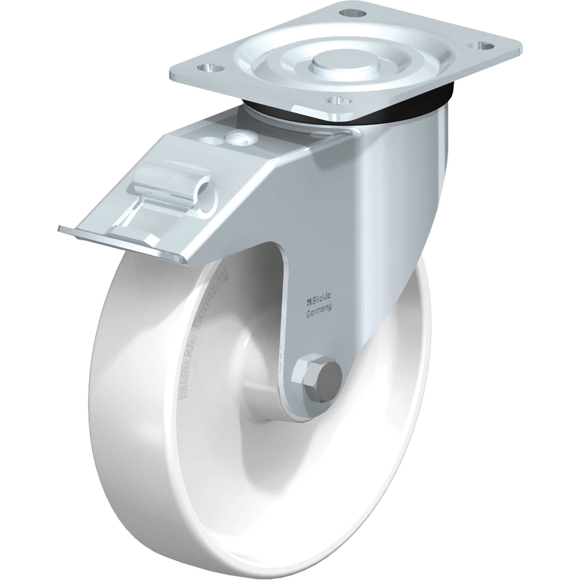 Roulette blanche, Pivotant avec frein, 8" (203,2 mm), Polyamide, 440 lb (199,58 kg)