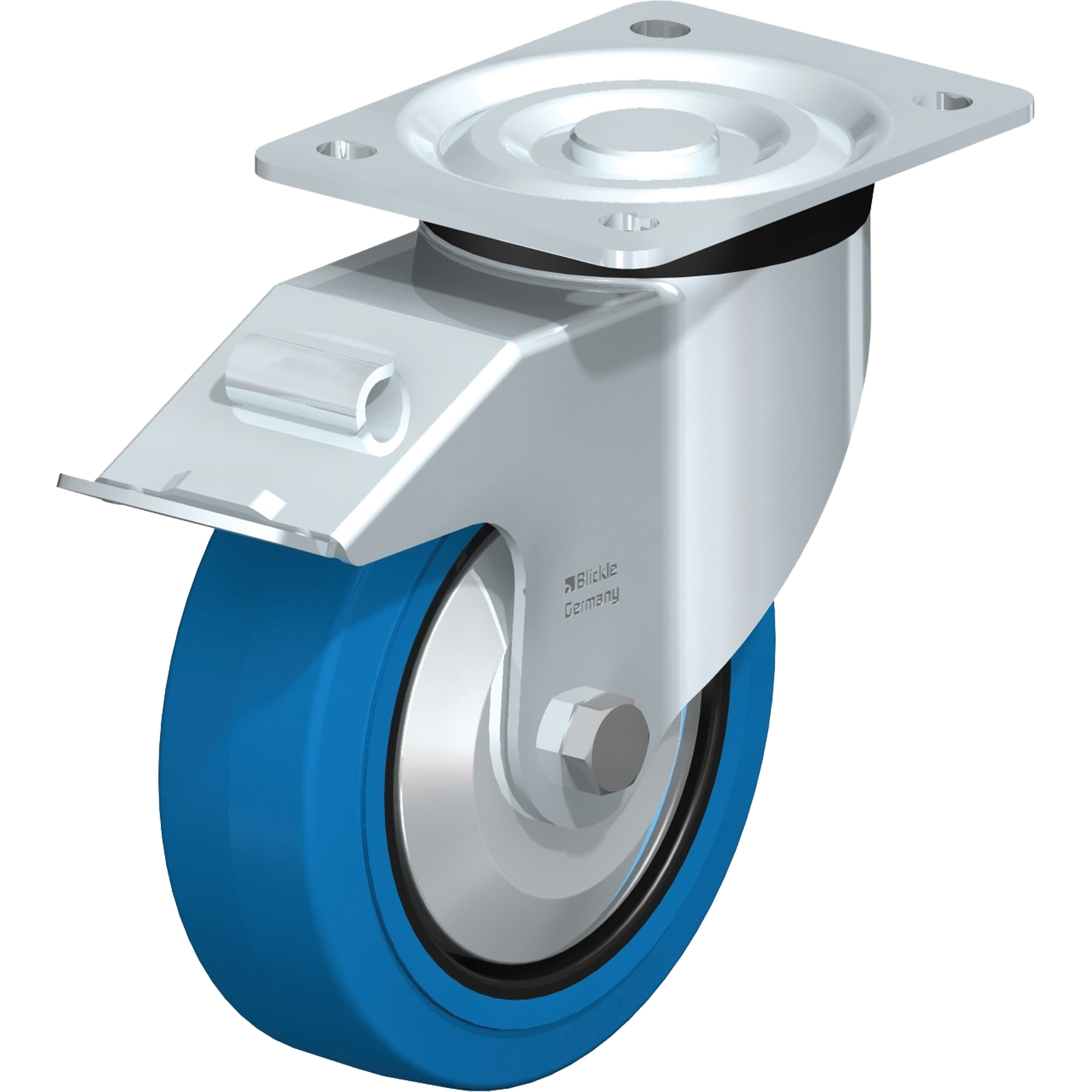 Roulette bleue, Pivotant avec frein, 6" (152,4 mm), Caoutchouc, 770 lb (349 kg)