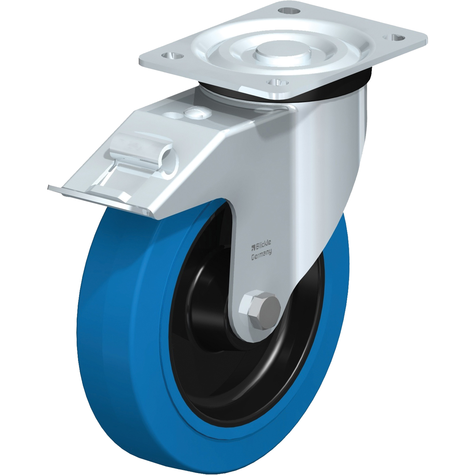 Roulette bleue, Pivotant avec frein, 8" (203,2 mm), Caoutchouc, 770 lb (349 kg)