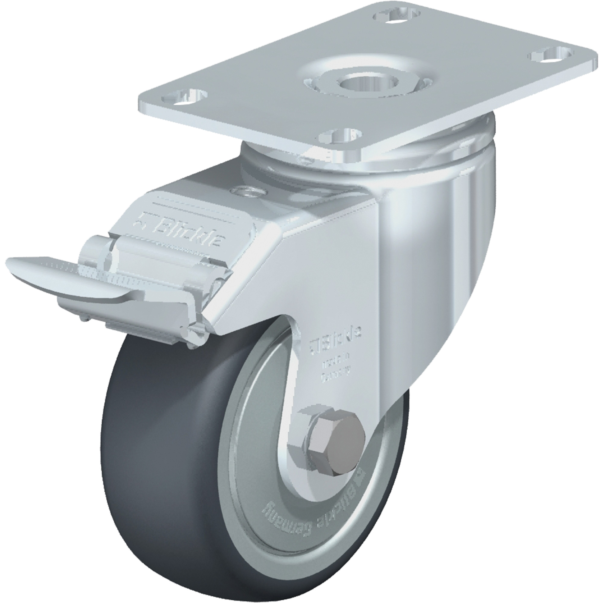 Roulette de haute qualité, Pivotant avec frein, 3-1/8" (79,5 mm), Élastomère de caoutchouc thermoplastique, 220 lb (100 kg)