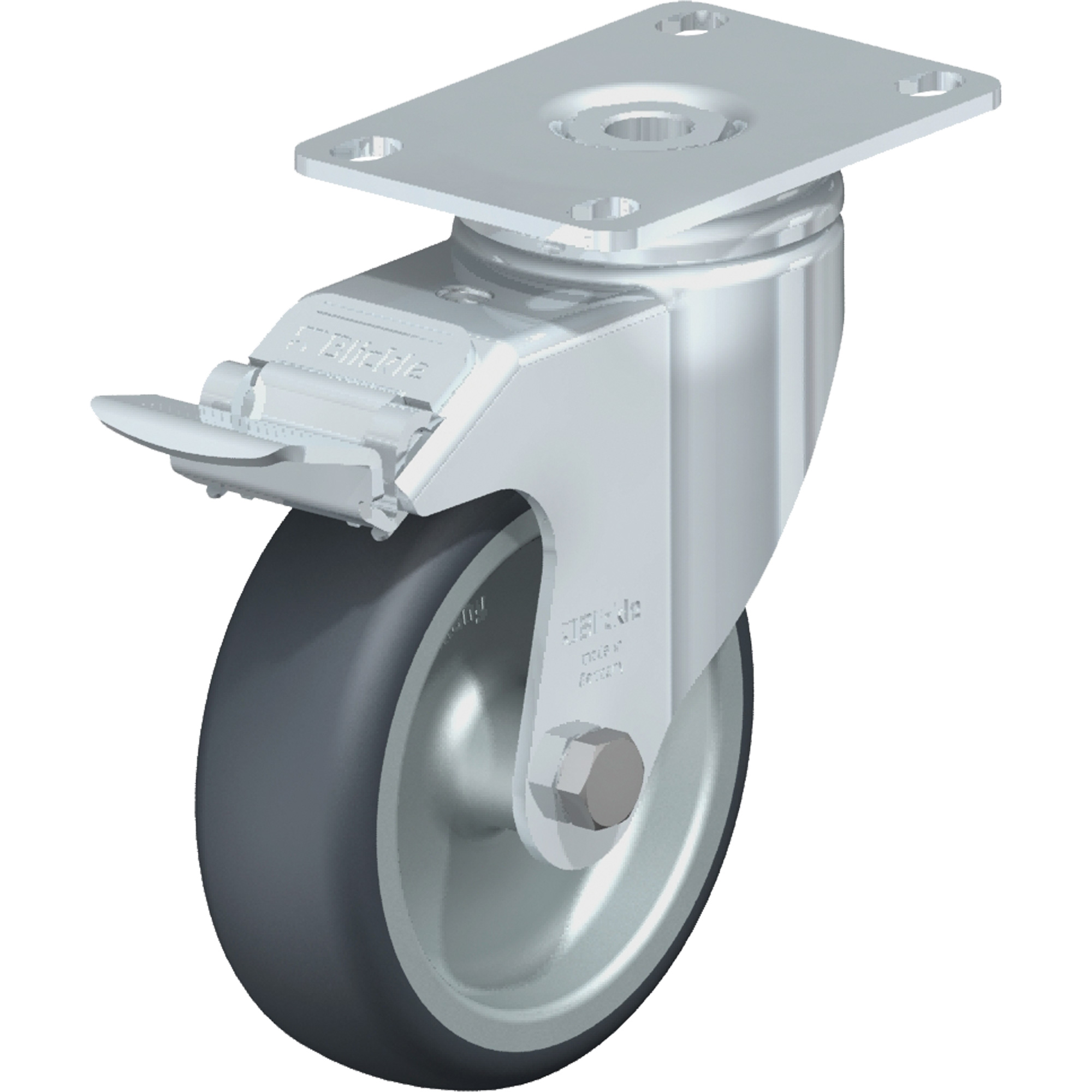 Roulette de haute qualité, Pivotant avec frein, 4" (101,6 mm), Élastomère de caoutchouc thermoplastique, 240 lb (108 kg)