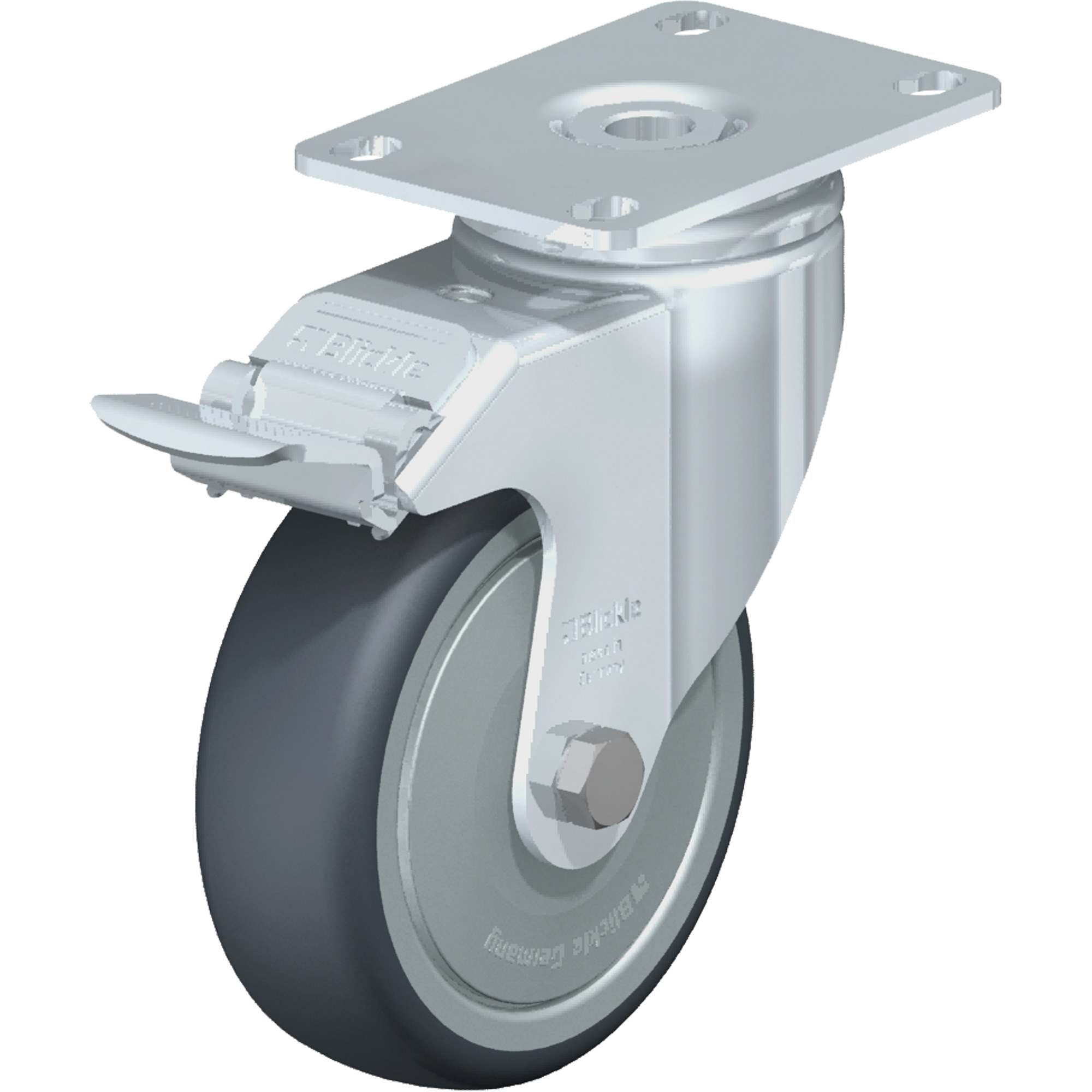 Roulette de haute qualité, Pivotant avec frein, 4" (101,6 mm), Élastomère de caoutchouc thermoplastique, 240 lb (108 kg)