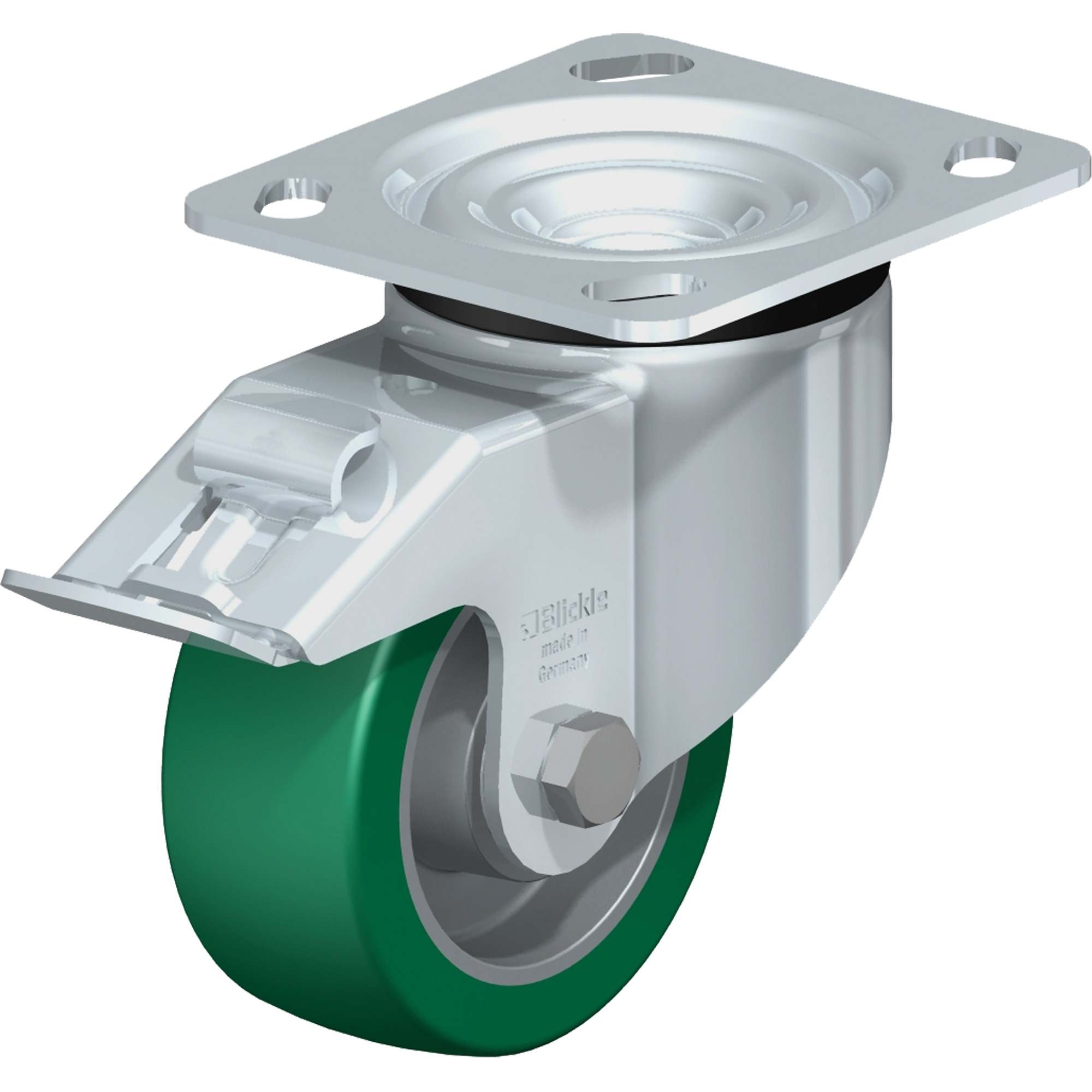Roulette de haute qualité, Pivotant avec frein, 4" (101,6 mm), Élastomère de polyuréthane, 660 lb (300 kg)