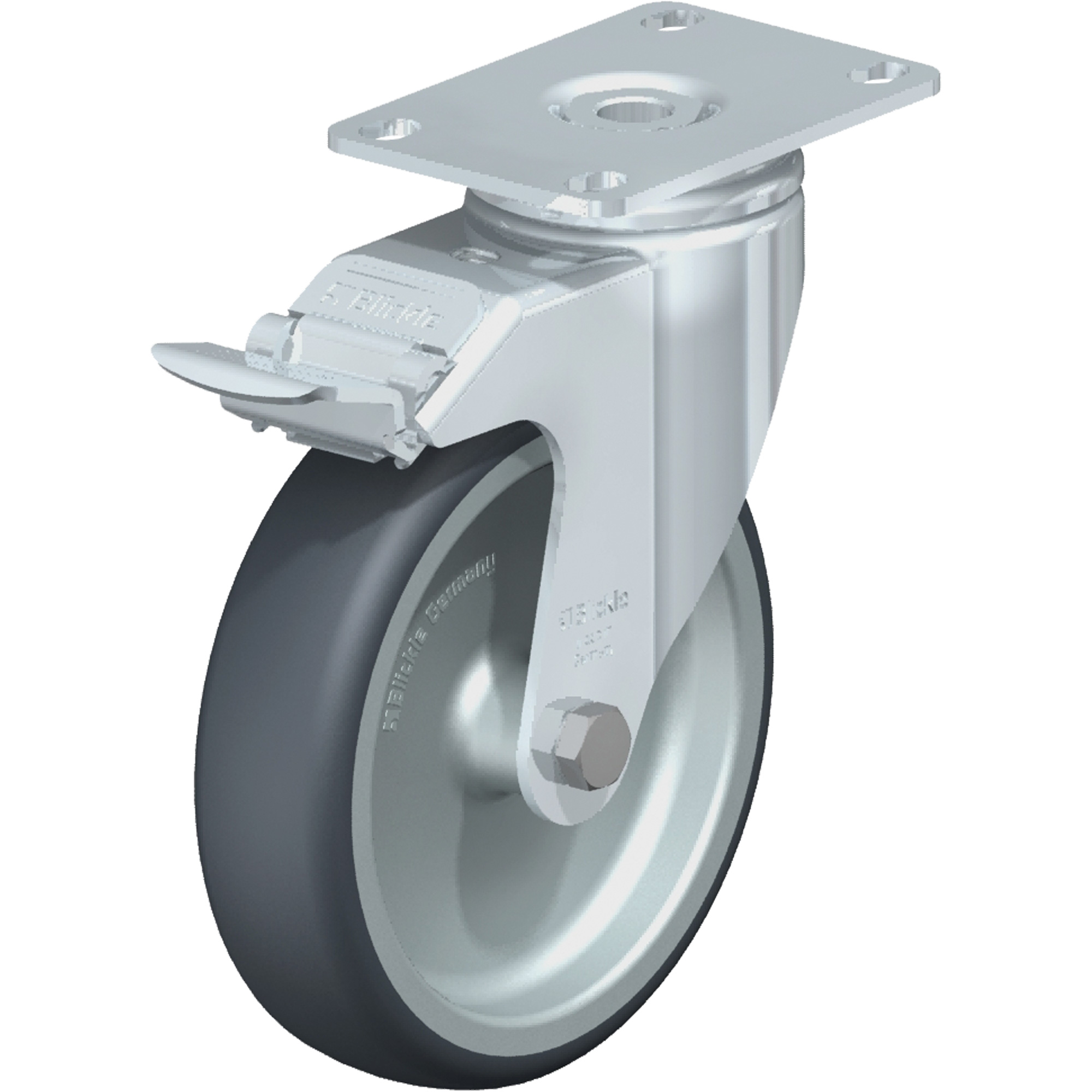 Roulette de haute qualité, Pivotant avec frein, 5" (127 mm), Élastomère de caoutchouc thermoplastique, 265 lb (120 kg)