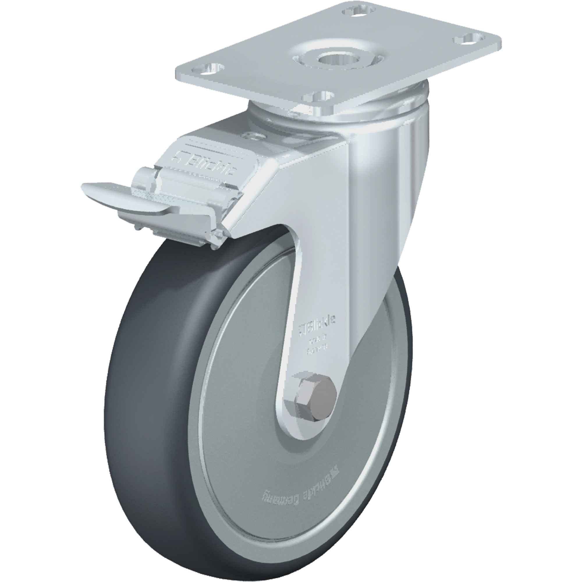 Roulette de haute qualité, Pivotant avec frein, 5" (127 mm), Élastomère de caoutchouc thermoplastique, 265 lb (120 kg)