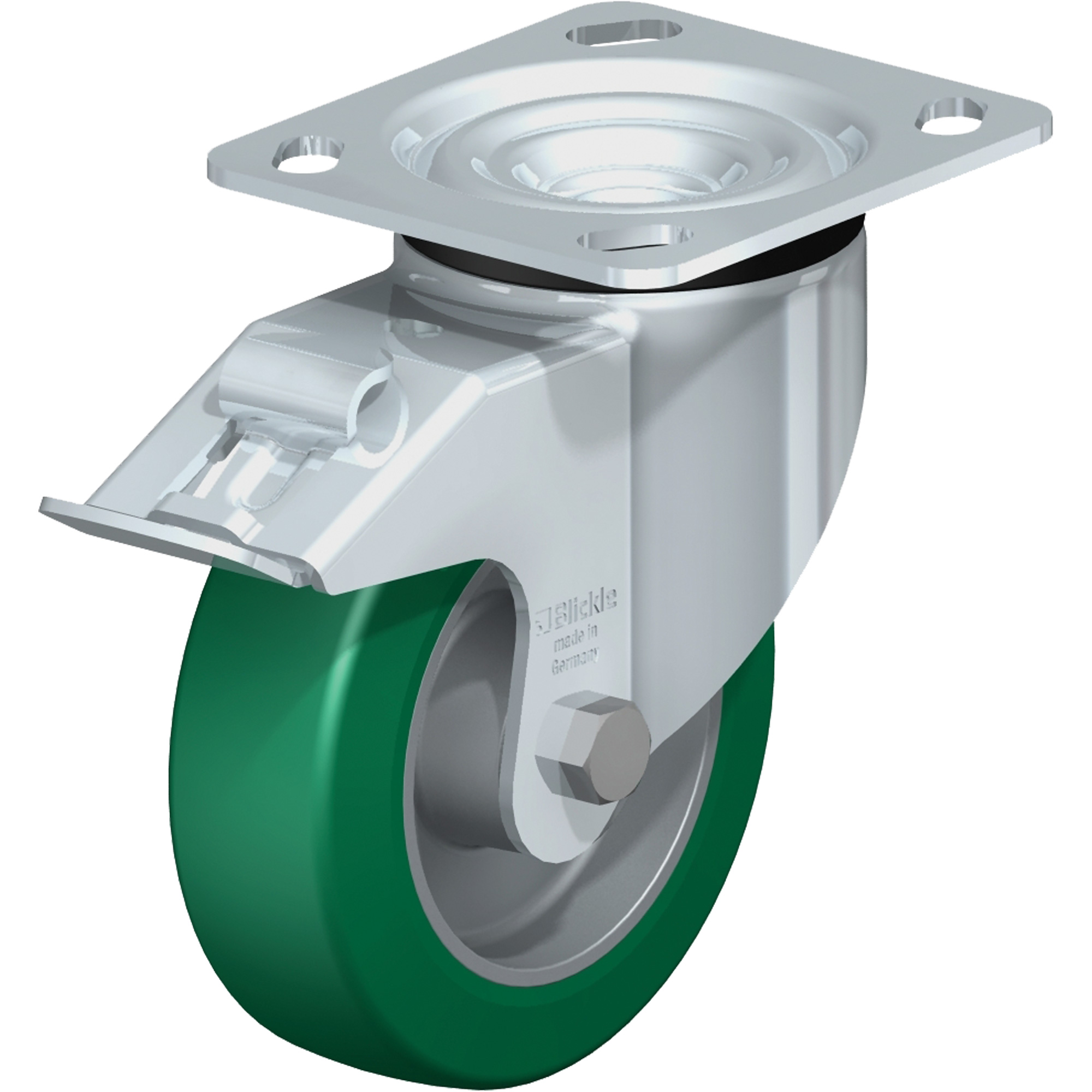 Roulette de haute qualité, Pivotant avec frein, 5" (127 mm), Élastomère de polyuréthane, 770 lb (349 kg)