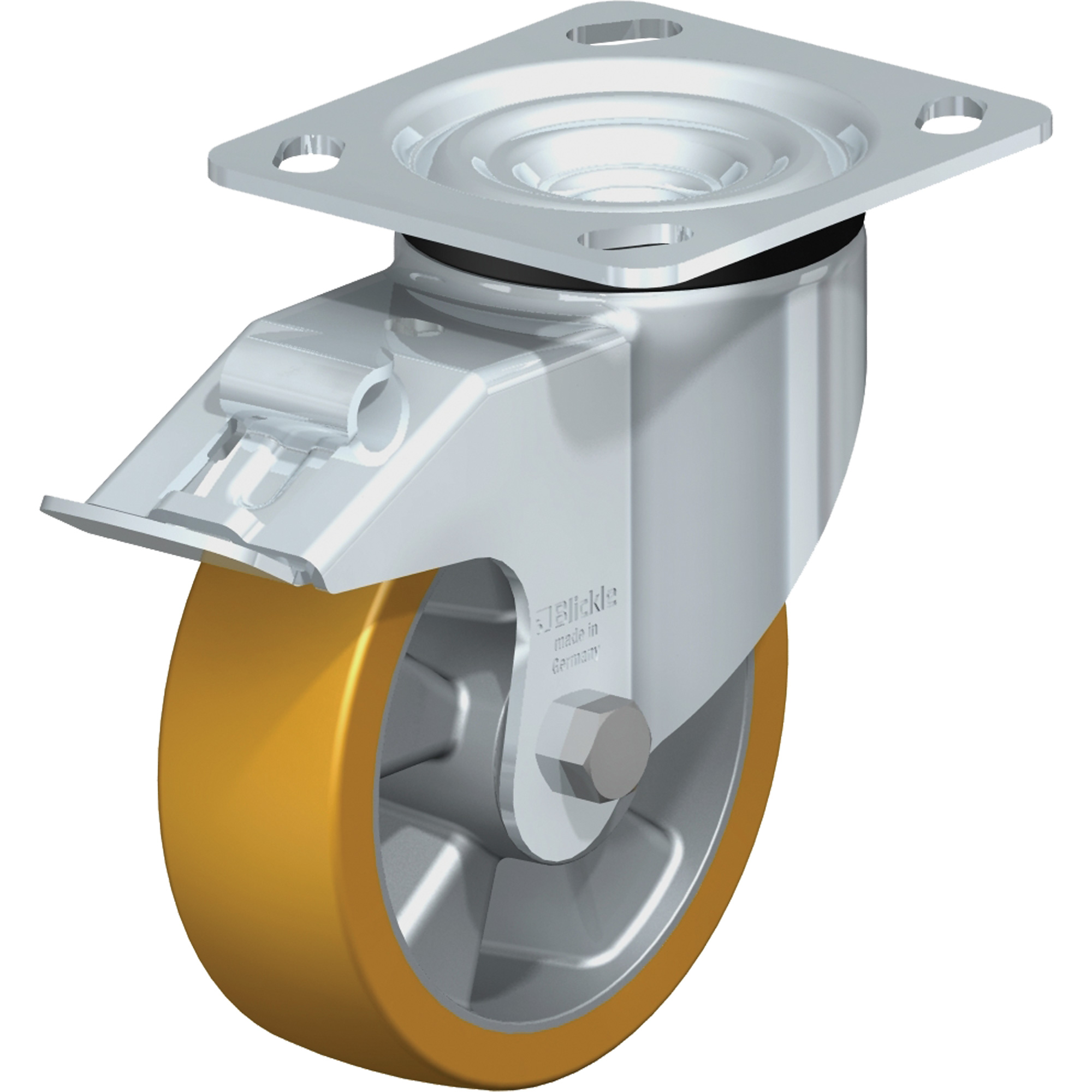Roulette de haute qualité, Pivotant avec frein, 5" (127 mm), Élastomère de polyuréthane, 770 lb (349 kg)