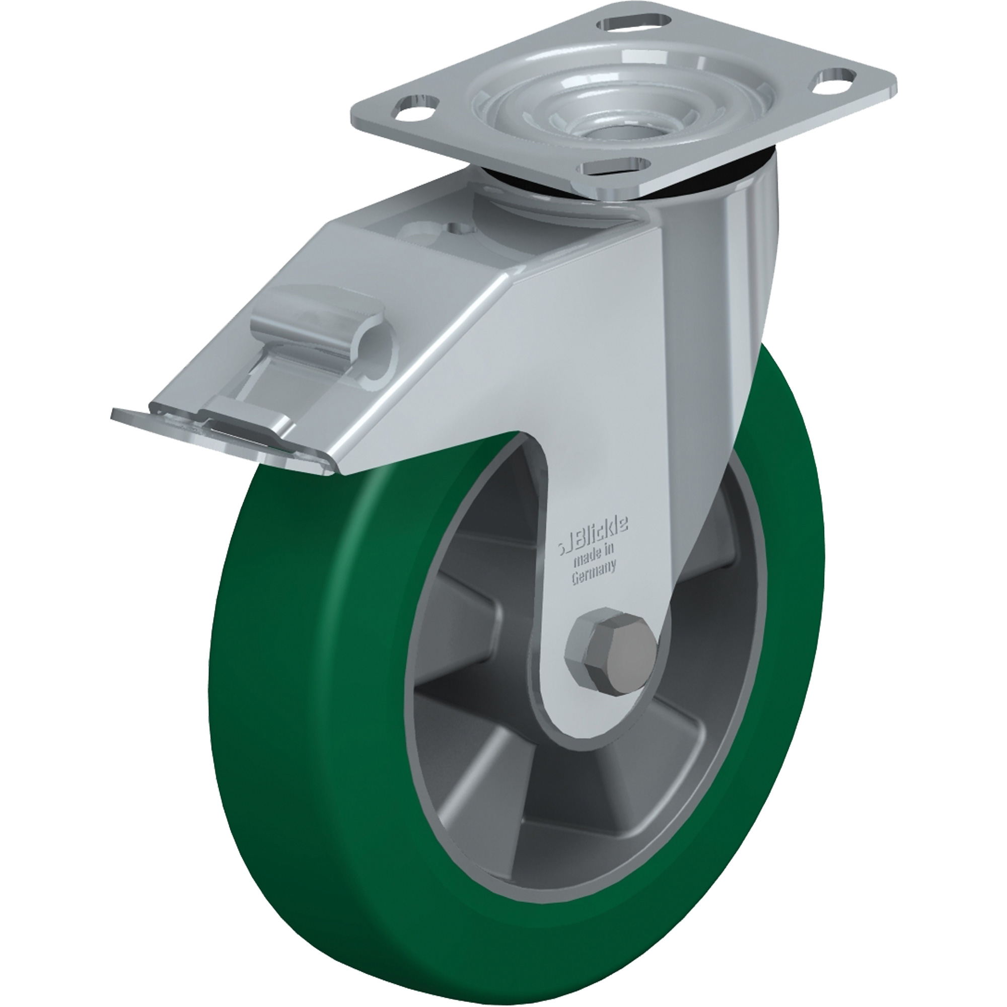 Roulette de haute qualité, Pivotant avec frein, 8" (203,2 mm), Élastomère de polyuréthane, 660 lb (300 kg)