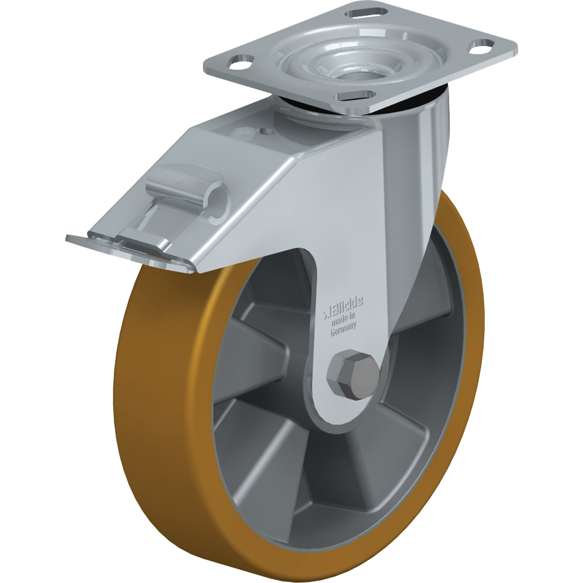 Roulette de haute qualité, Pivotant avec frein, 8" (203,2 mm), Élastomère de polyuréthane, 660 lb (300 kg)