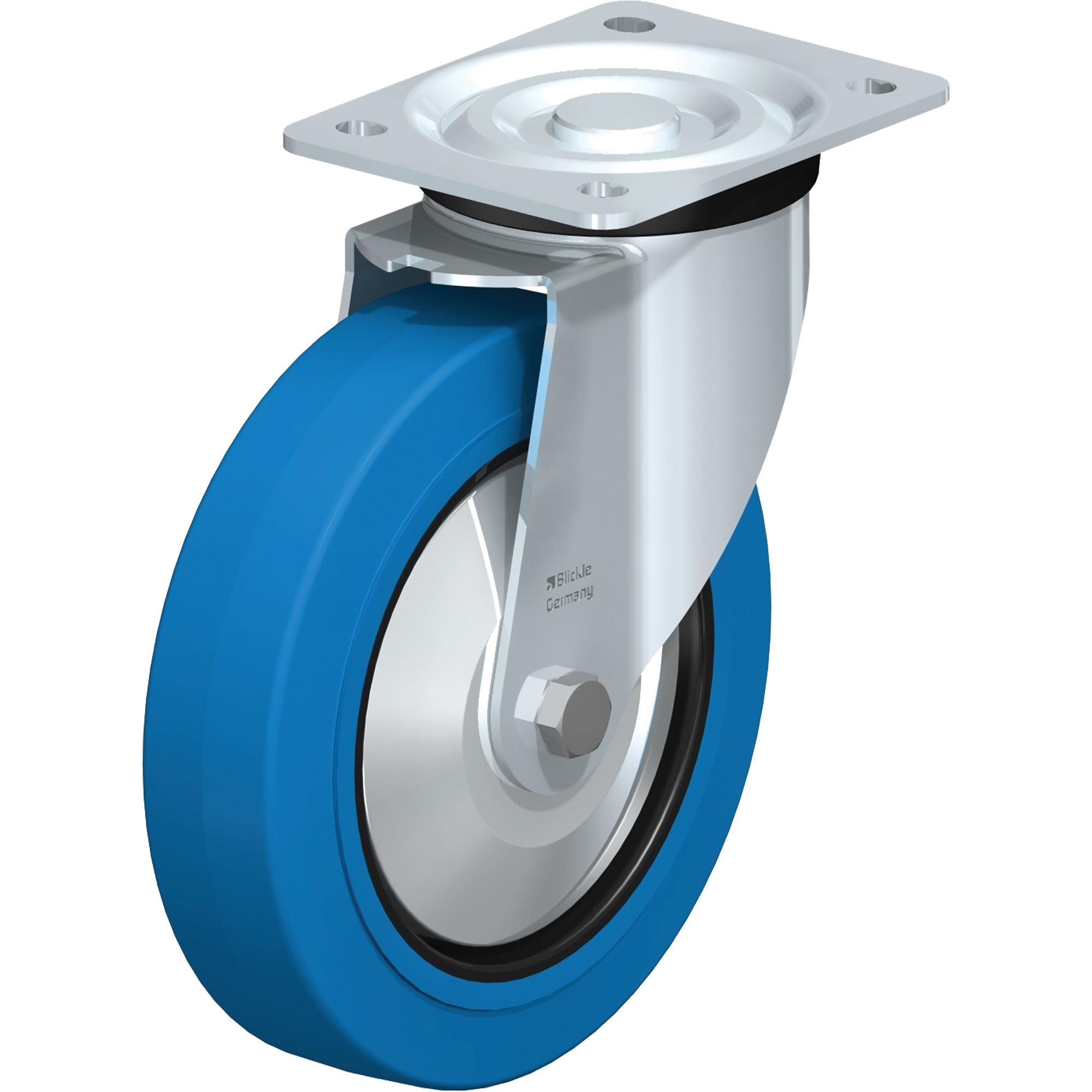 Roulette élastique bleue, Pivotant, 8" (203,2 mm), Caoutchouc, 770 lb (349 kg)