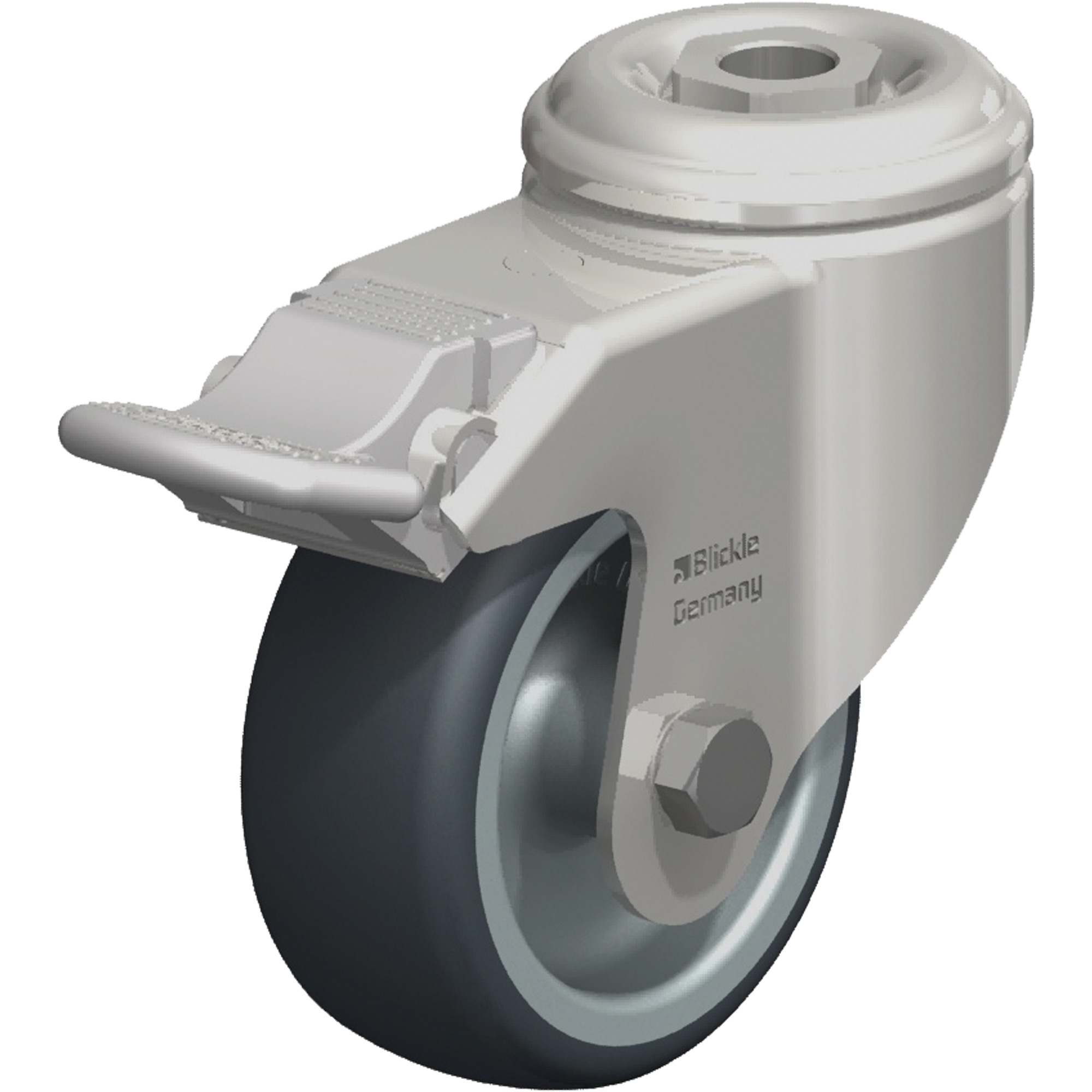 Roulette en élastomère thermoplastique acier inoxydable, Pivotant avec frein, Diamètre 3-1/8" (79,5 mm), Capacité 220 lb (100 kg)