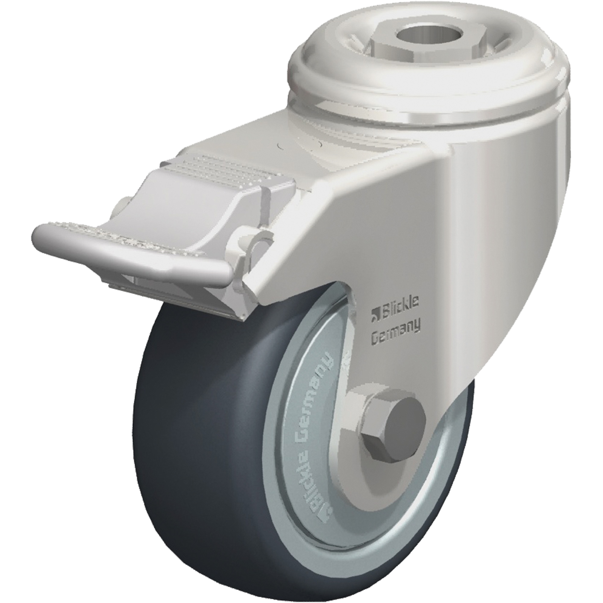 Roulette en élastomère thermoplastique acier inoxydable, Pivotant avec frein, Diamètre 3-1/8" (79,5 mm), Capacité 220 lb (100 kg)