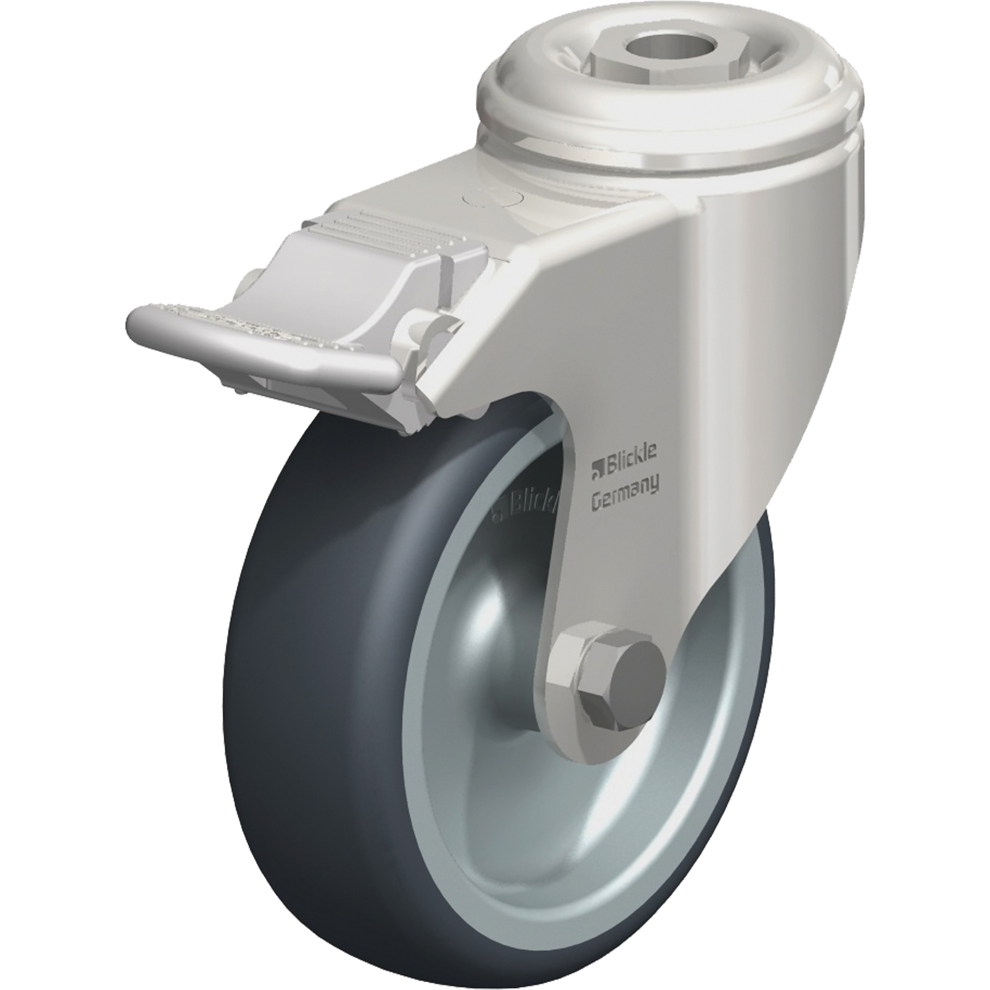 Roulette en élastomère thermoplastique acier inoxydable, Pivotant avec frein, Diamètre 4" (102 mm), Capacité 240 lb (108 kg)
